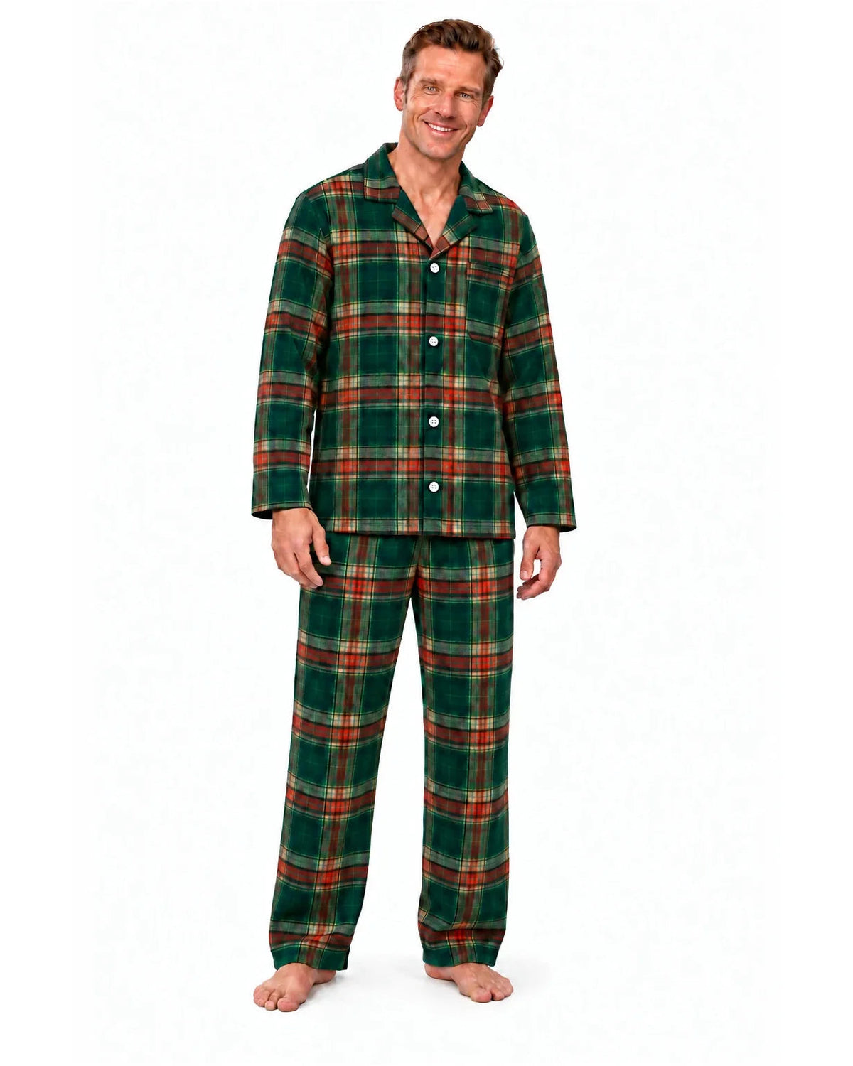 Man modeling a light green tartan long-sleeve pajama shirt and matching pants, front view.