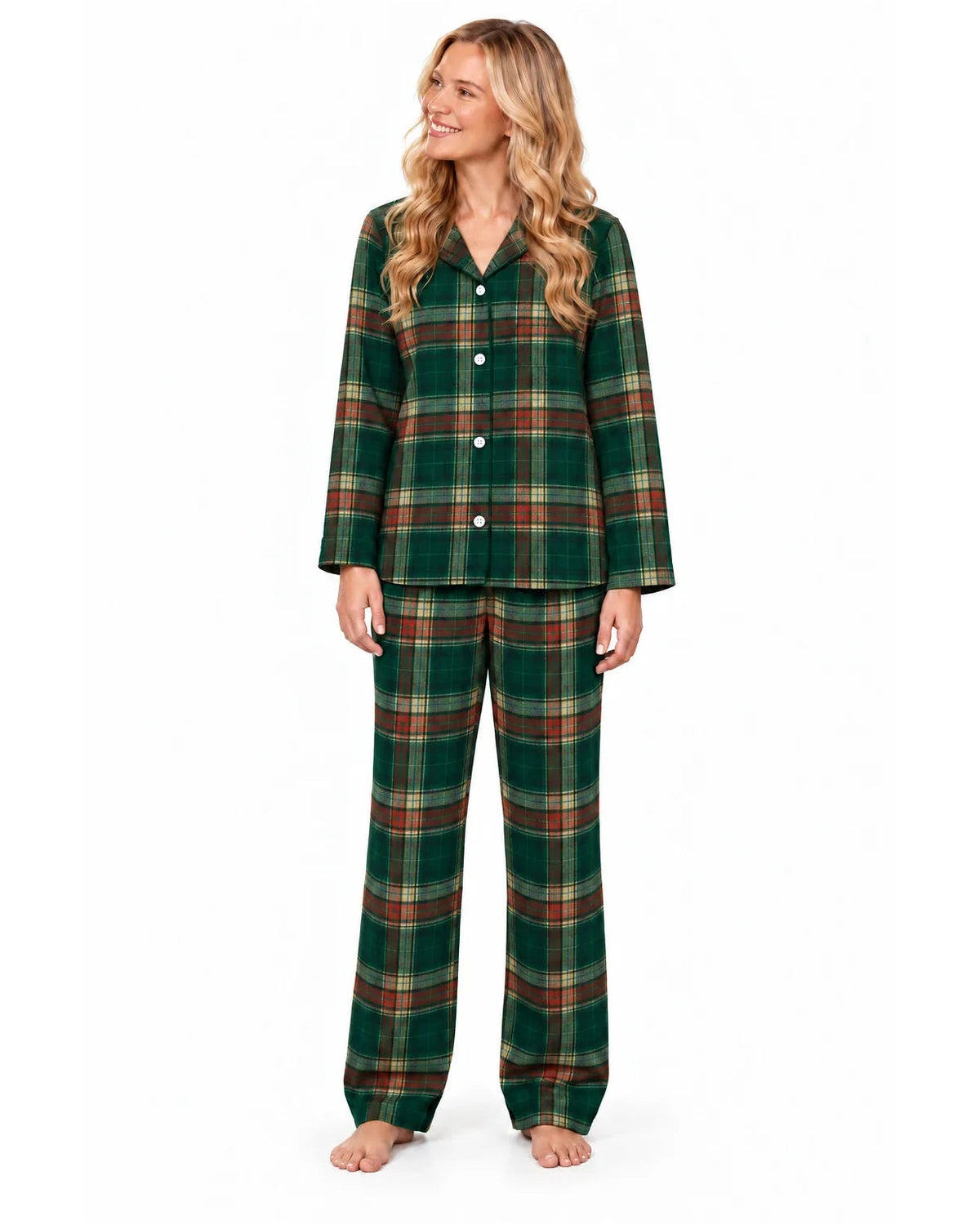 Woman modeling a light green tartan button-front pajama shirt and long pants, front view.