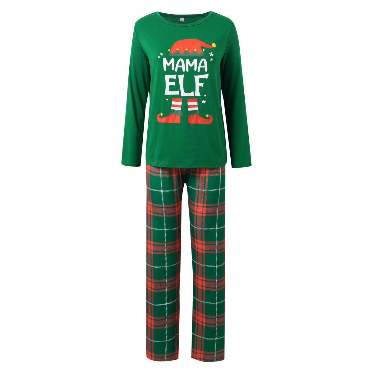 Maglia verde a maniche lunghe del pigiama Mama Elf con cappello e stivali da elfo e pantaloni a quadri rossi e verdi, su sfondo bianco.