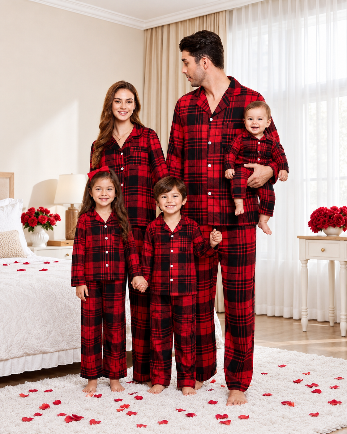 Family of five wearing red and black tartan pajamas, with a baby in a matching long-sleeve romper.