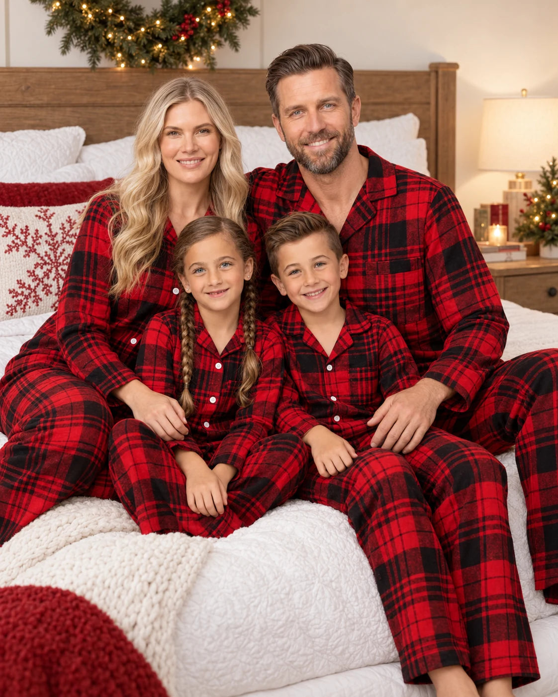 Family of four sitting on a bed in red and black tartan pajamas with red and white holiday bedding.
