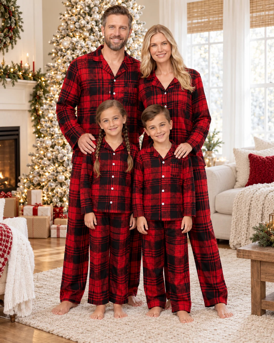 Family standing in matching red and black tartan pajama sets beside a brightly lit Christmas tree.