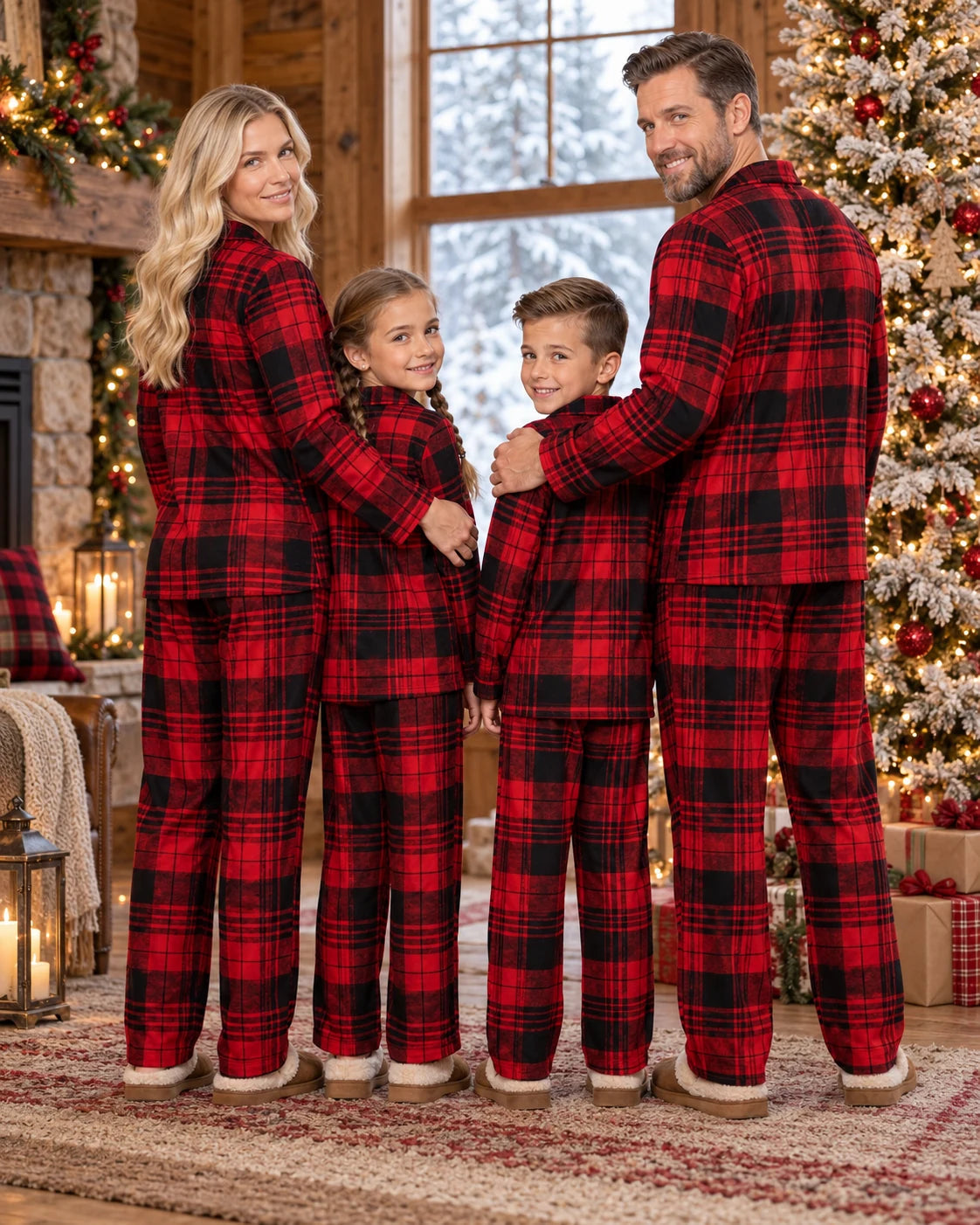 Rear view of parents and children in red and black tartan pajamas looking back beside a Christmas tree.