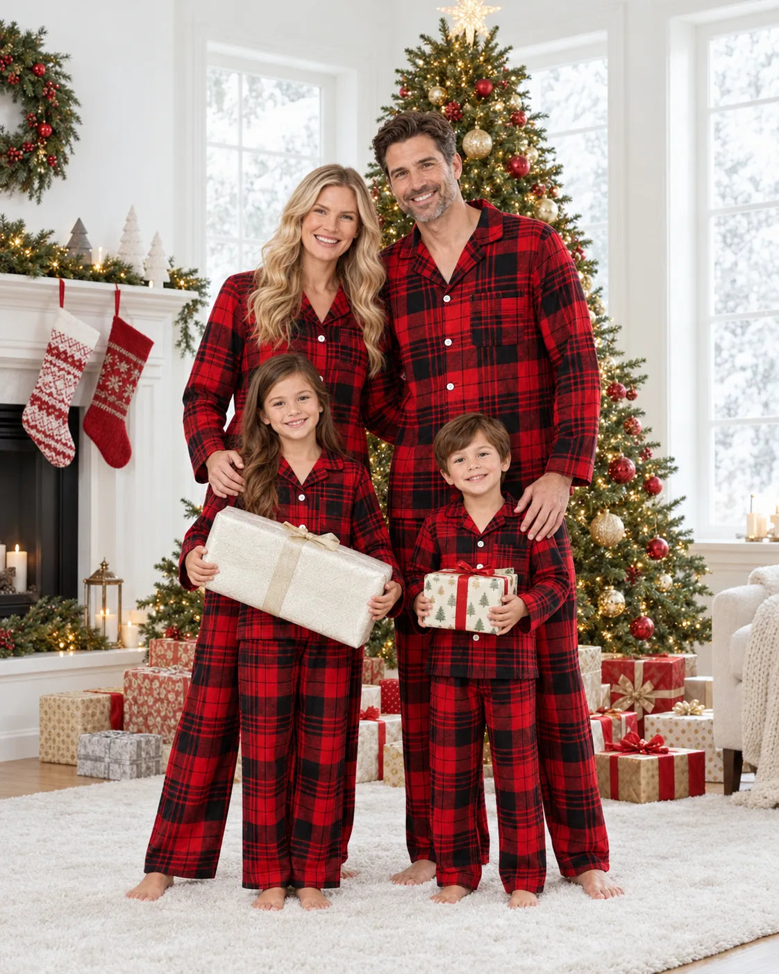 Parents and children wearing red and black tartan pajamas with wrapped gifts beside a Christmas tree.