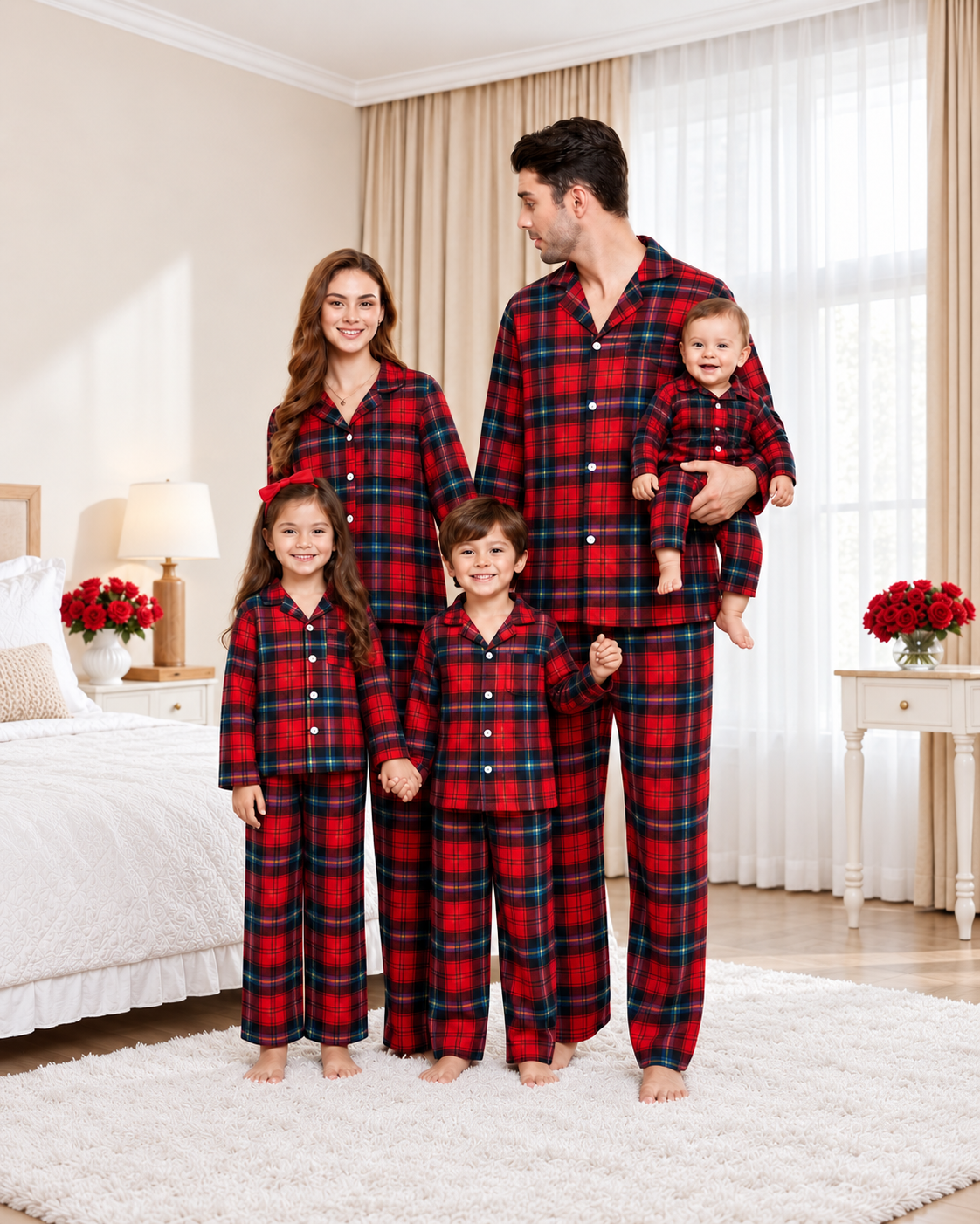 Family of five in red and blue plaid pajamas, with a baby wearing a matching romper.