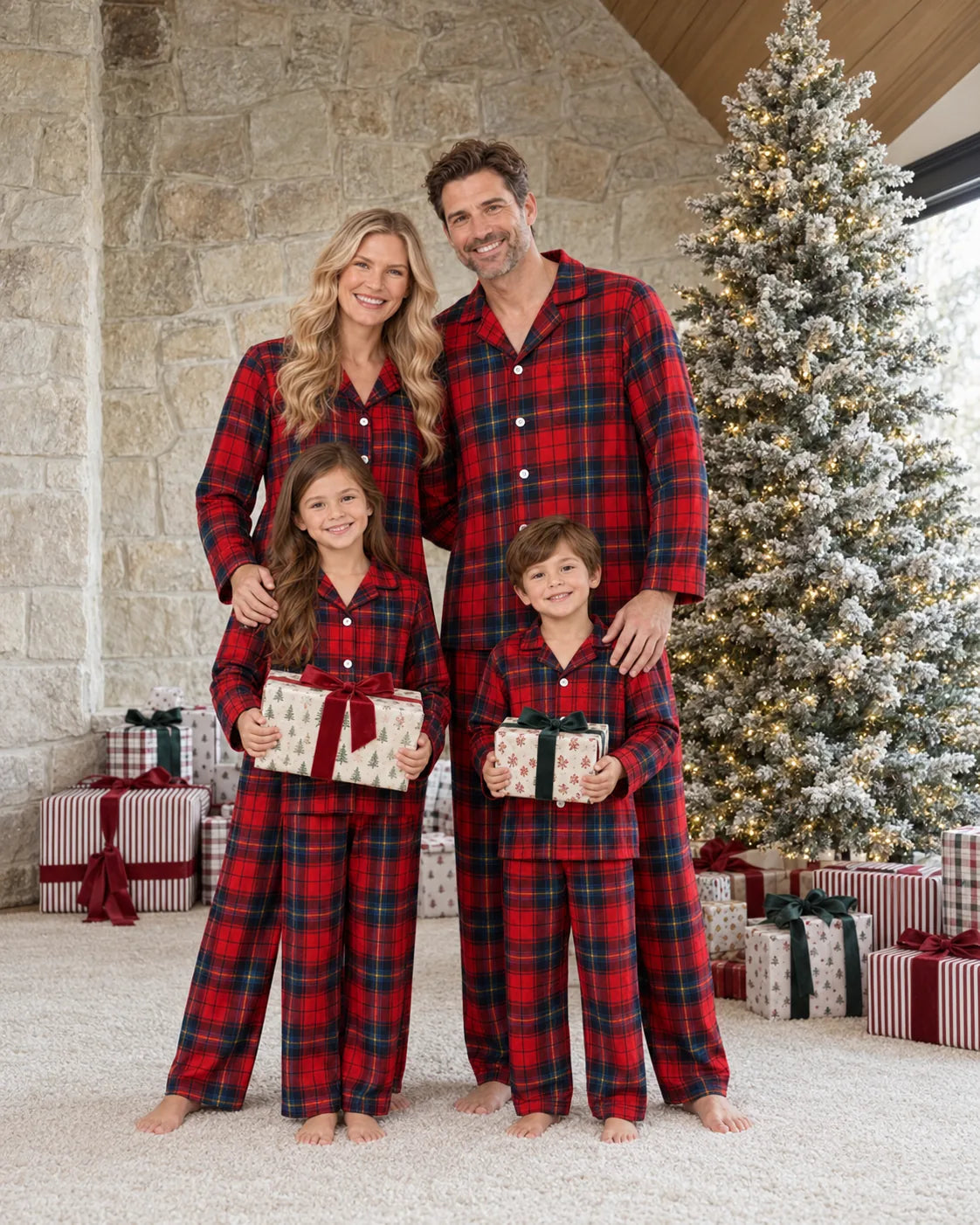 Family of four in red and blue plaid pajamas holding gifts beside a frosted Christmas tree.
