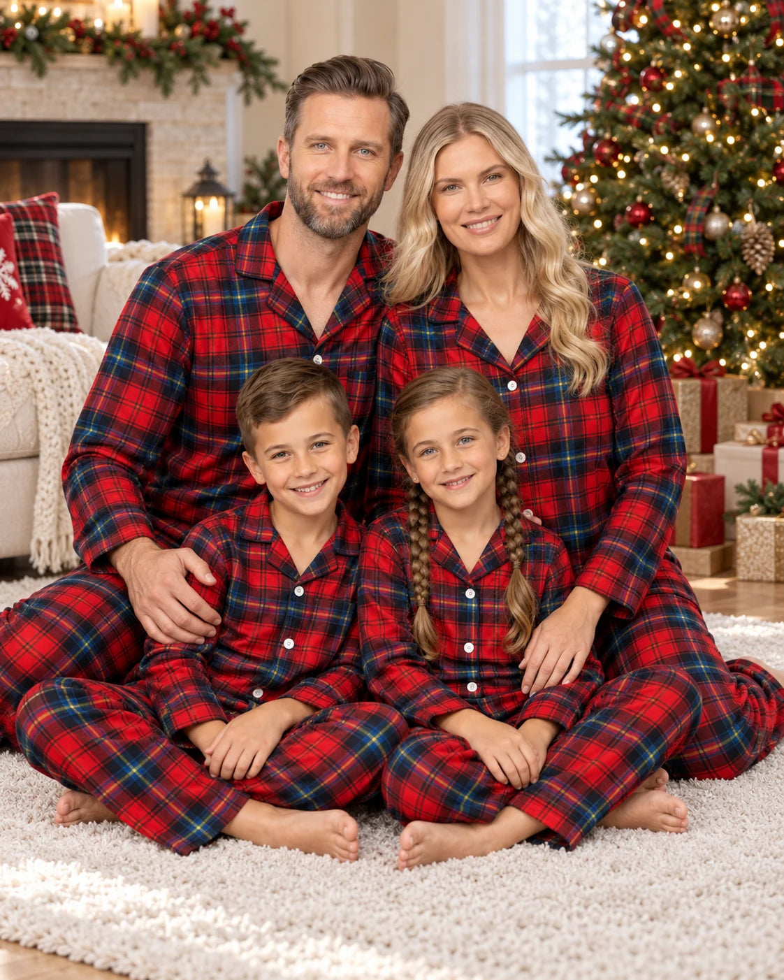 Family in matching red and blue plaid pajamas seated on a rug beside a Christmas tree.