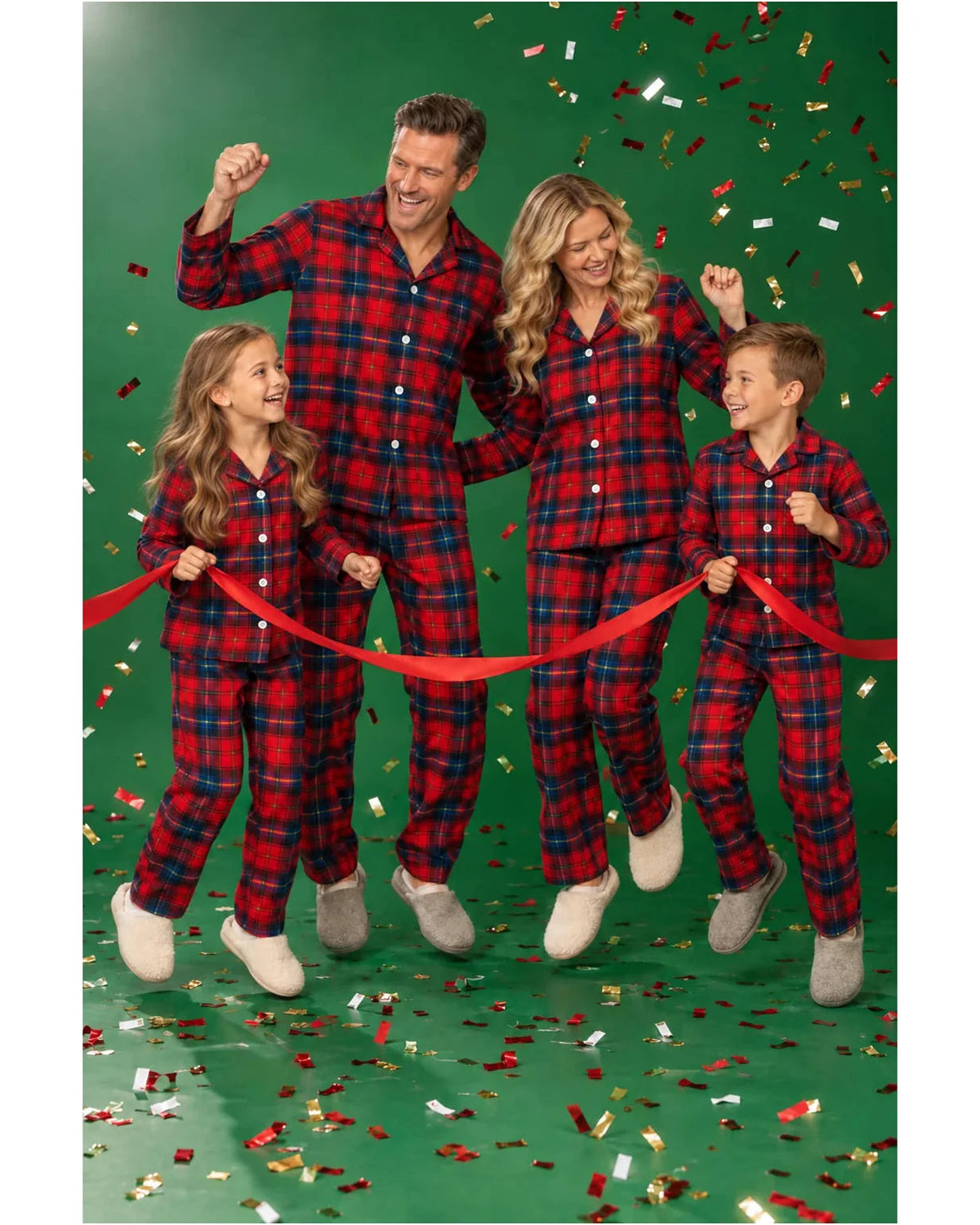 Family in red and blue plaid pajamas jumping with a red ribbon and confetti against a green backdrop.