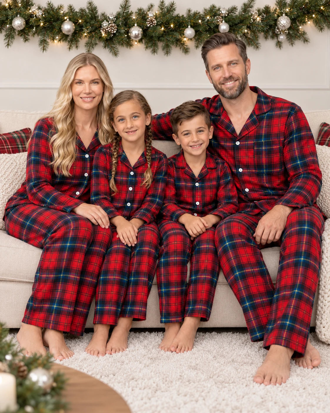 Family of four in red and blue plaid pajamas seated on a sofa beneath Christmas garland.