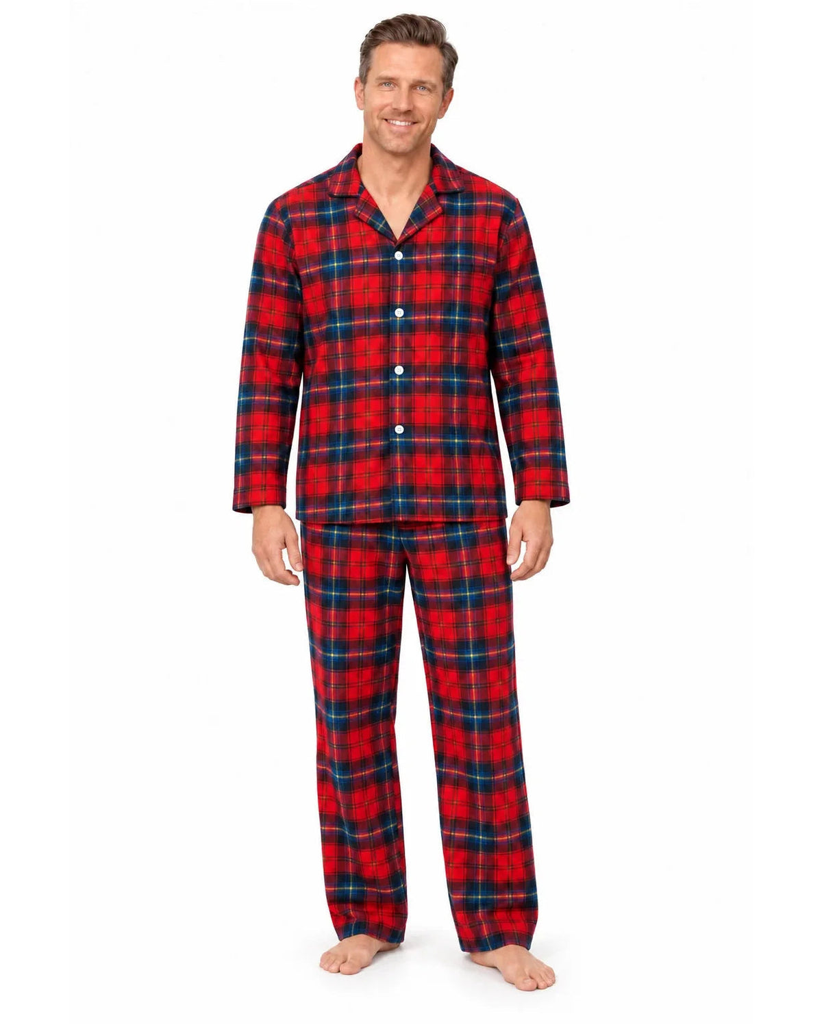 Man modeling a red and blue plaid button-front pajama shirt and matching pants, front view.