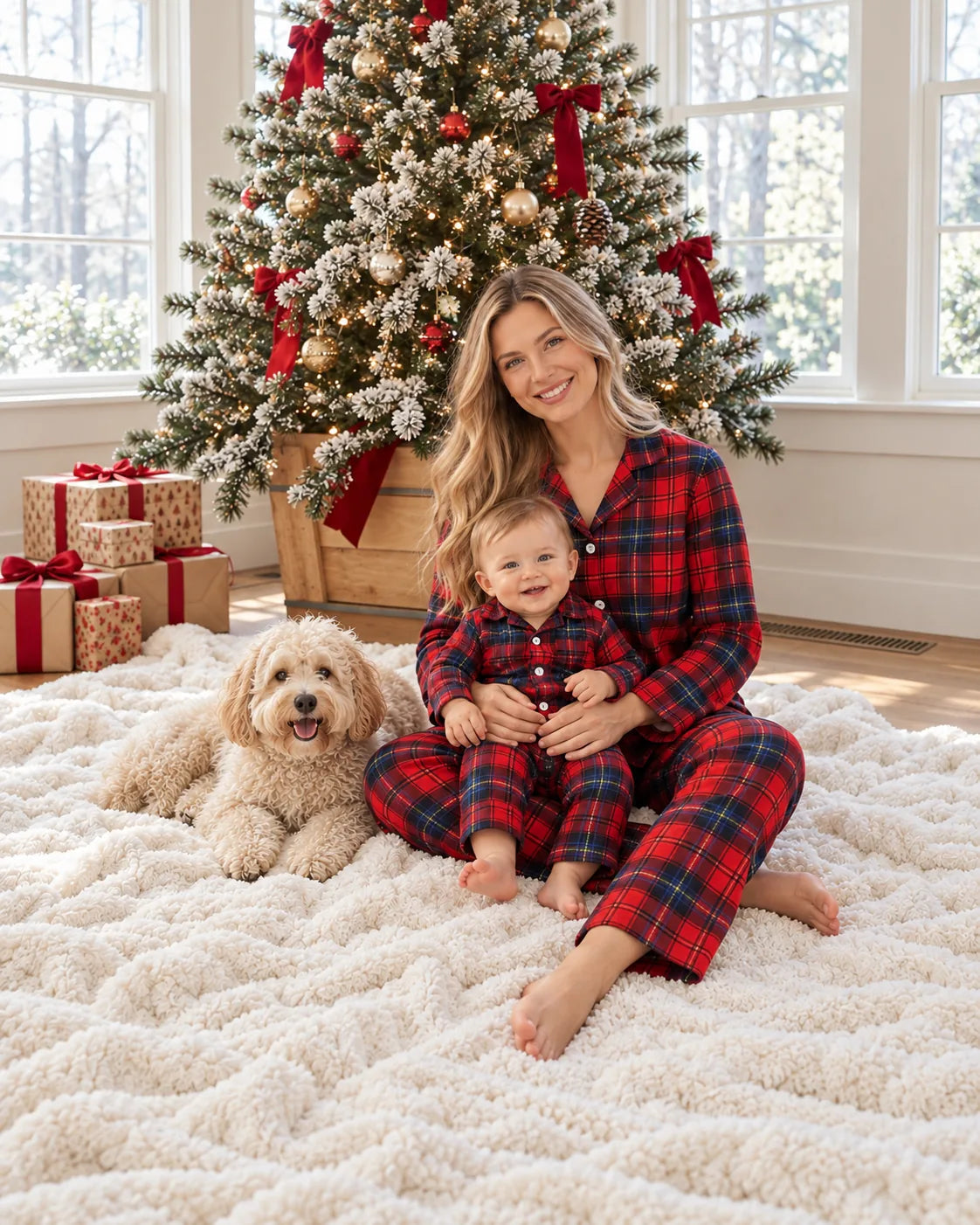 Mother and baby in matching red and blue plaid pajamas beside a dog and Christmas tree.