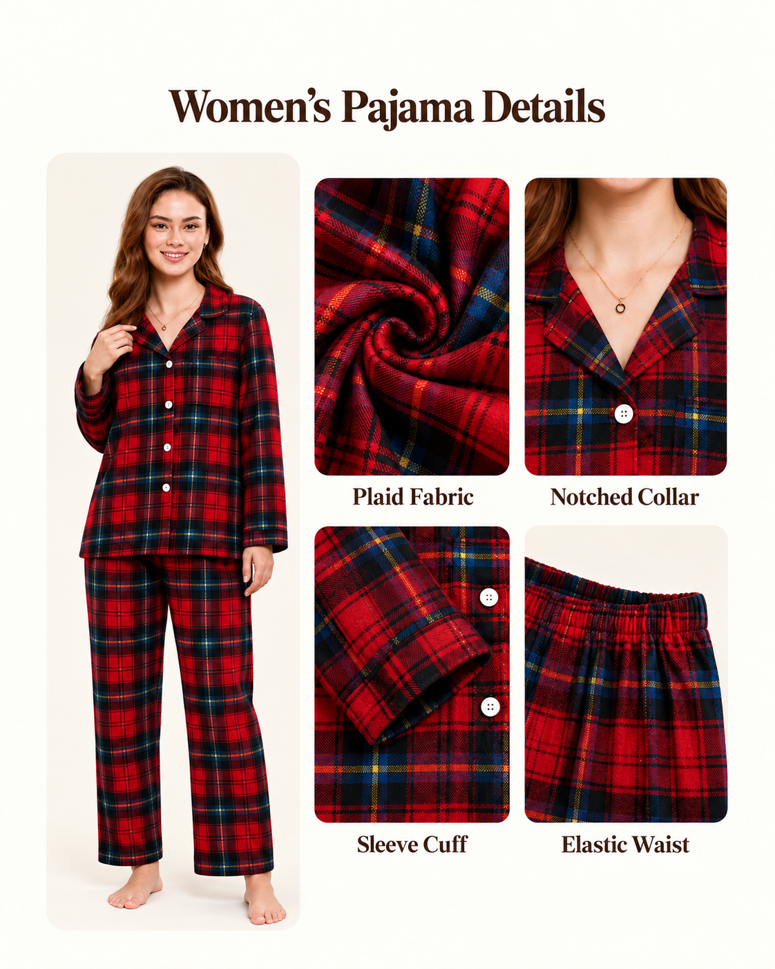 Women's red and blue plaid pajamas with close-ups of the fabric, notched collar, cuff and elastic waist.