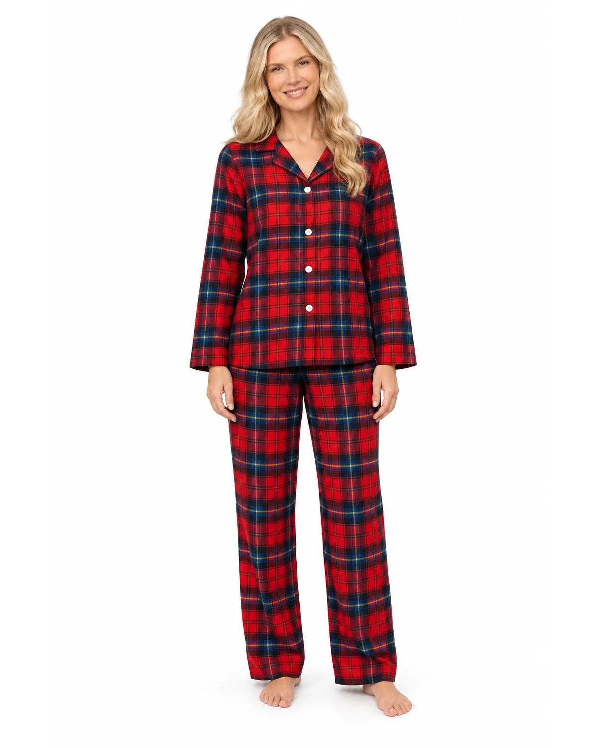 Woman modeling a red and blue plaid long-sleeve pajama shirt and matching pants, front view.