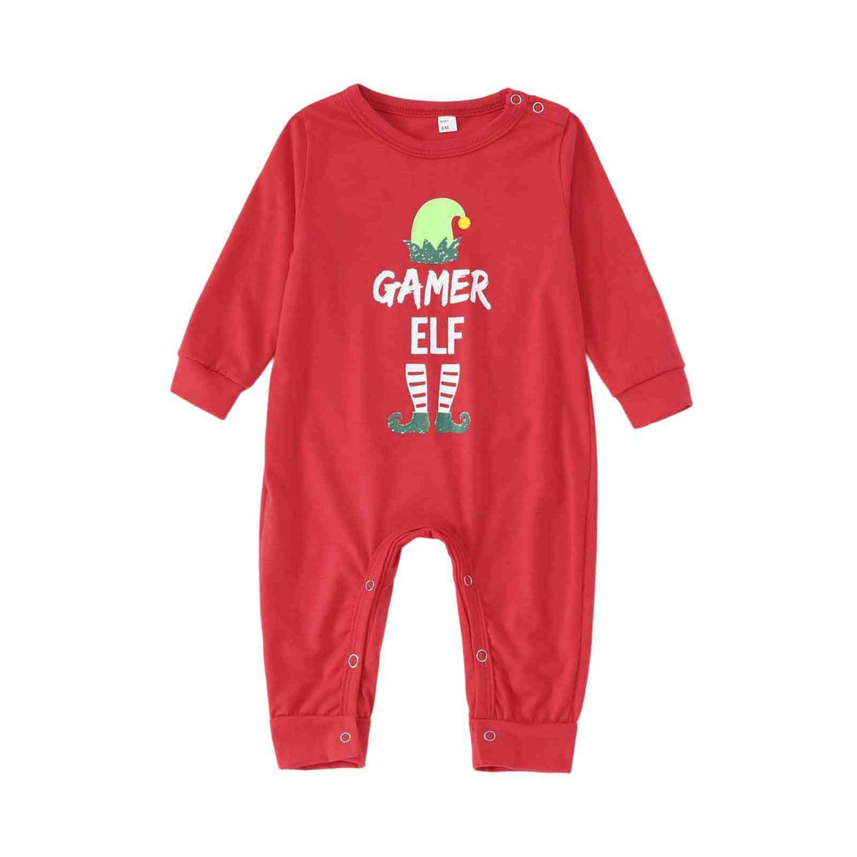 Tutina natalizia rossa Gamer Elf per neonato a maniche lunghe, con bottoni automatici sulle spalle e lungo le gambe, su sfondo bianco.