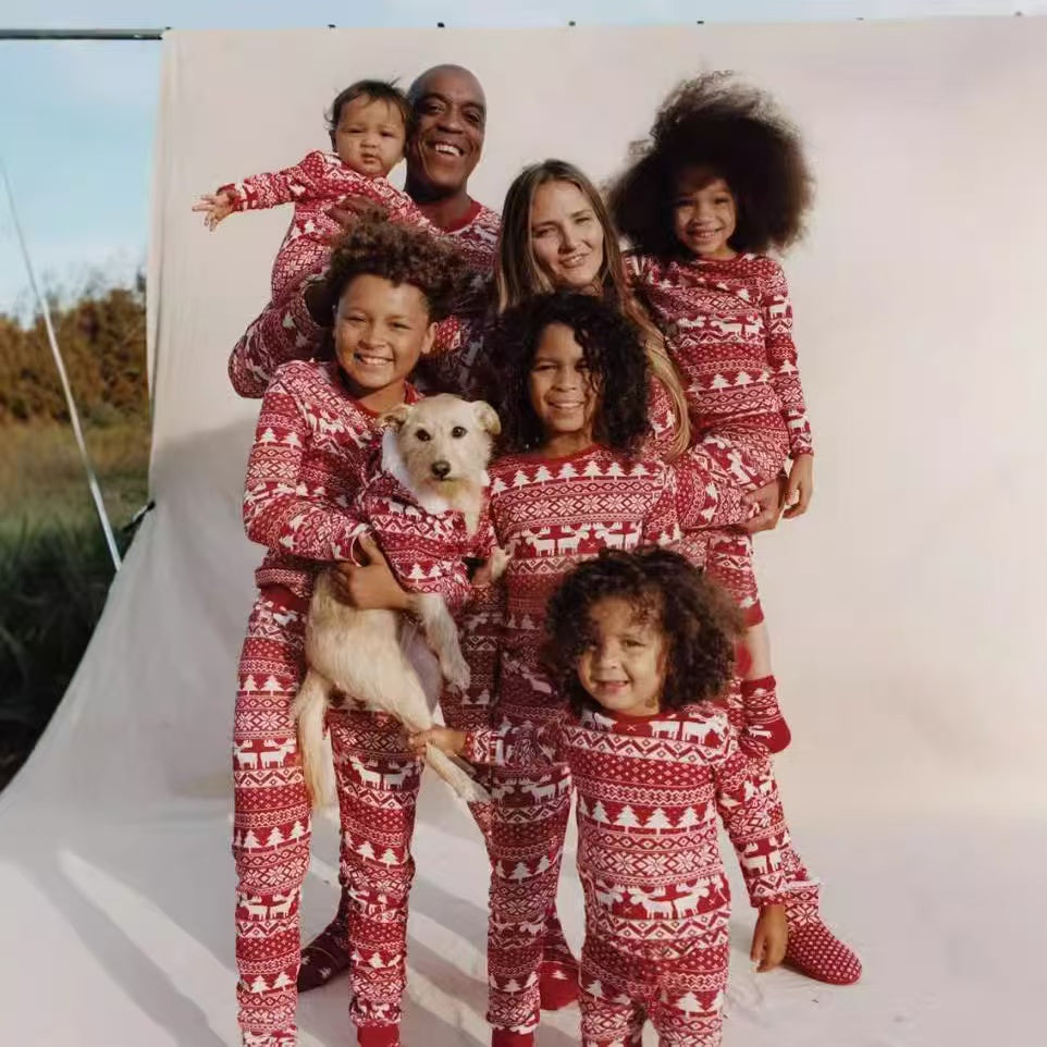 Red White Snowflake Christmas Pajamas Flat Lay – Complete Matching Family and Dog Set