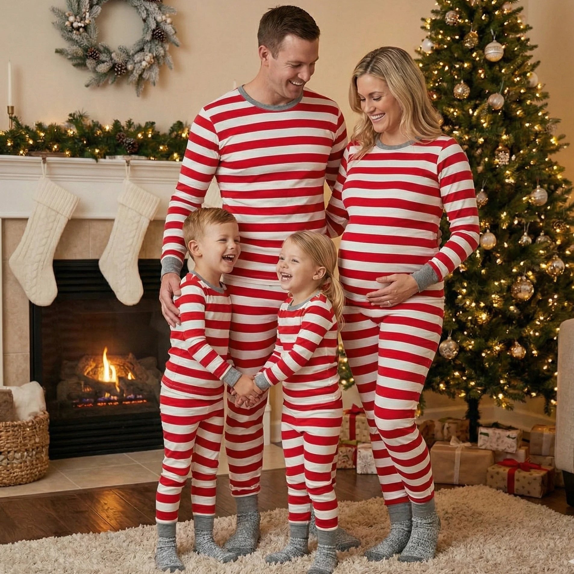 Red and White Striped Matching Family Christmas Pajamas with Dog Bandana – Holiday Sleepwear