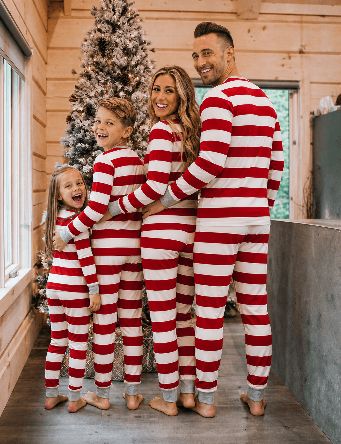 Family of four in red and white striped Christmas pajamas, looking back beside a Christmas tree in a wood-paneled room.