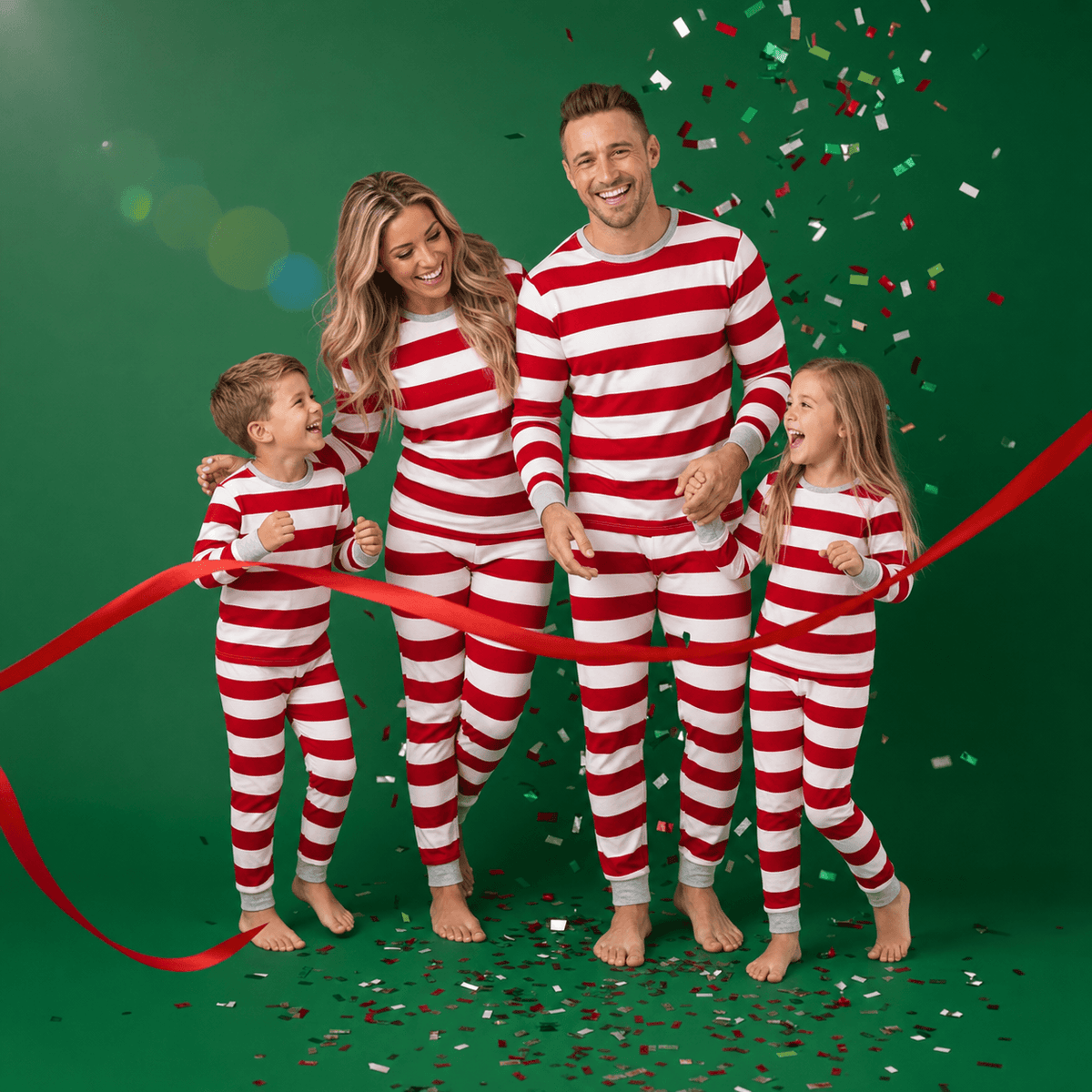 Famiglia in pigiami natalizi a righe rosse e bianche con nastro rosso e coriandoli, su sfondo verde di uno studio fotografico.