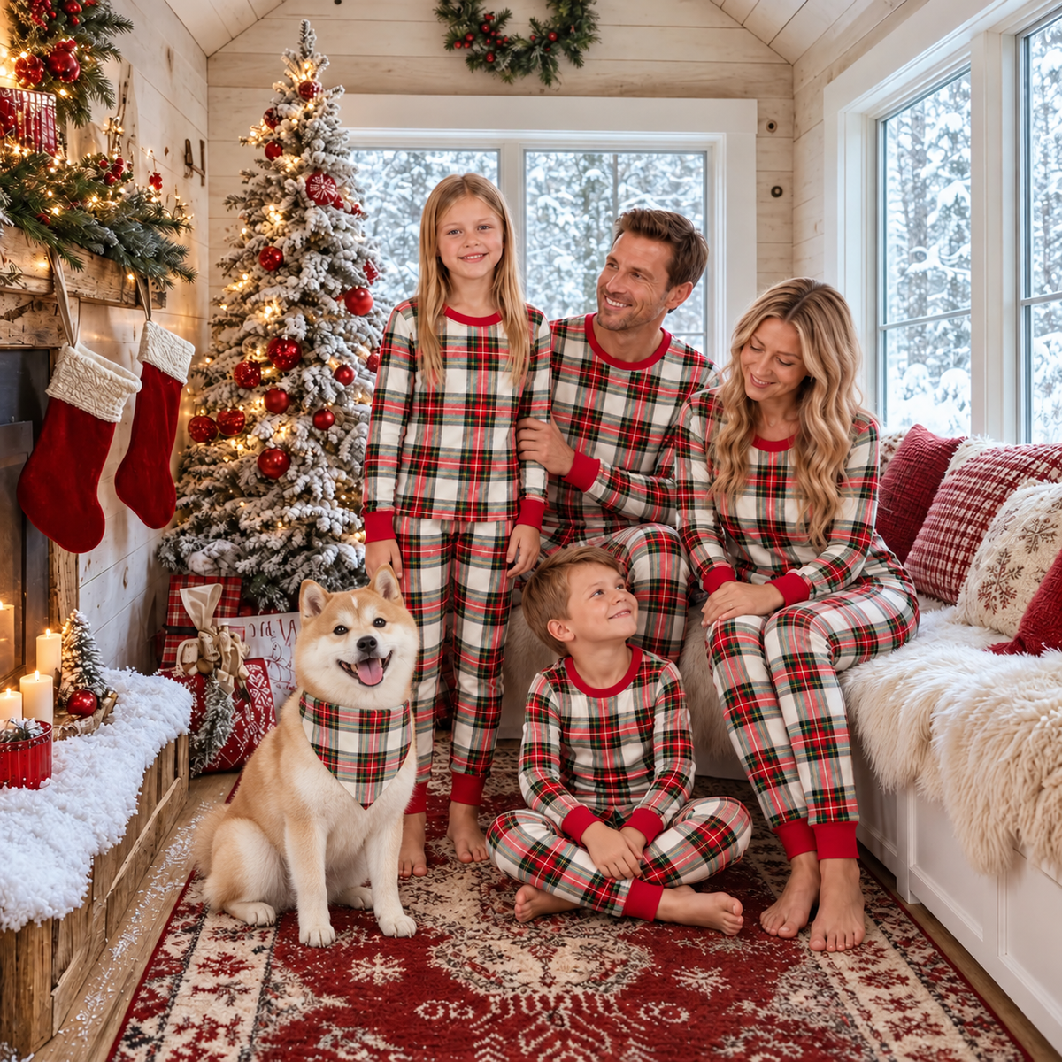 Family wearing matching Christmas pajamas with a Shiba Inu wearing the coordinating triangular dog bandana.