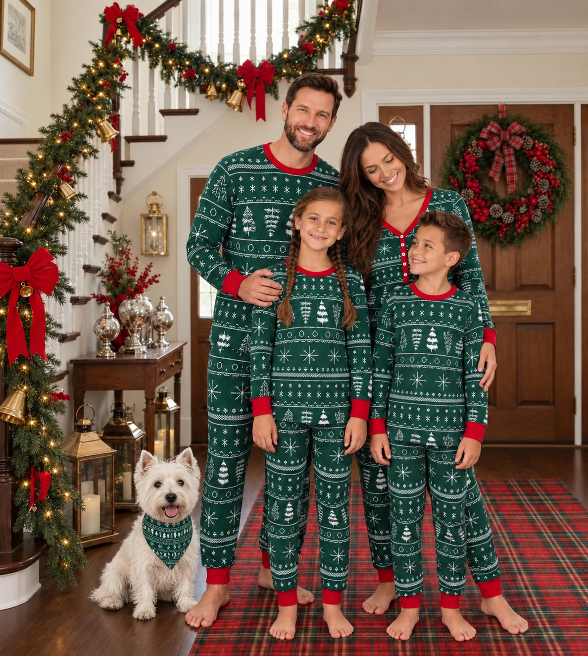 Family in green Christmas tree and snowflake pajamas with a West Highland White Terrier wearing a matching triangular bandana.