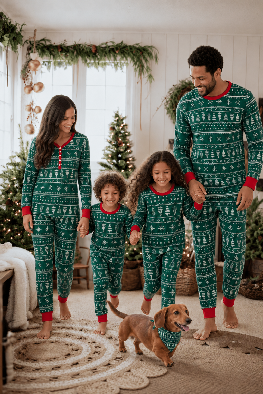 Family jumping in green Christmas tree and snowflake pajamas with a red Dachshund wearing a matching triangular bandana.