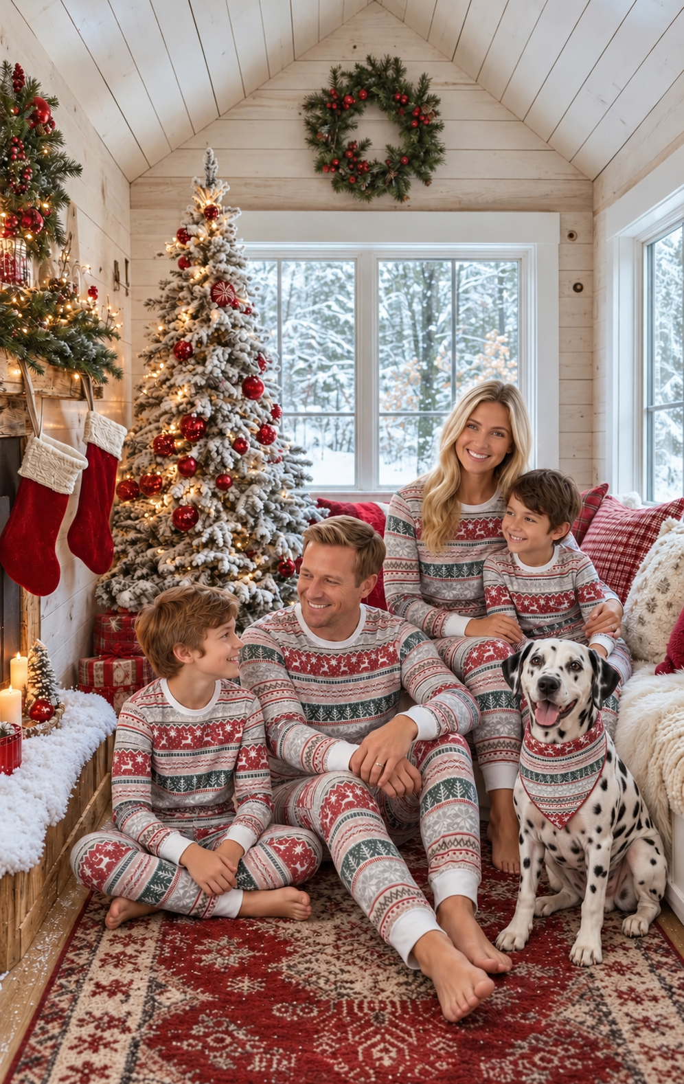 Family in matching Christmas pajamas with a Dalmatian wearing the coordinating triangular dog bandana.