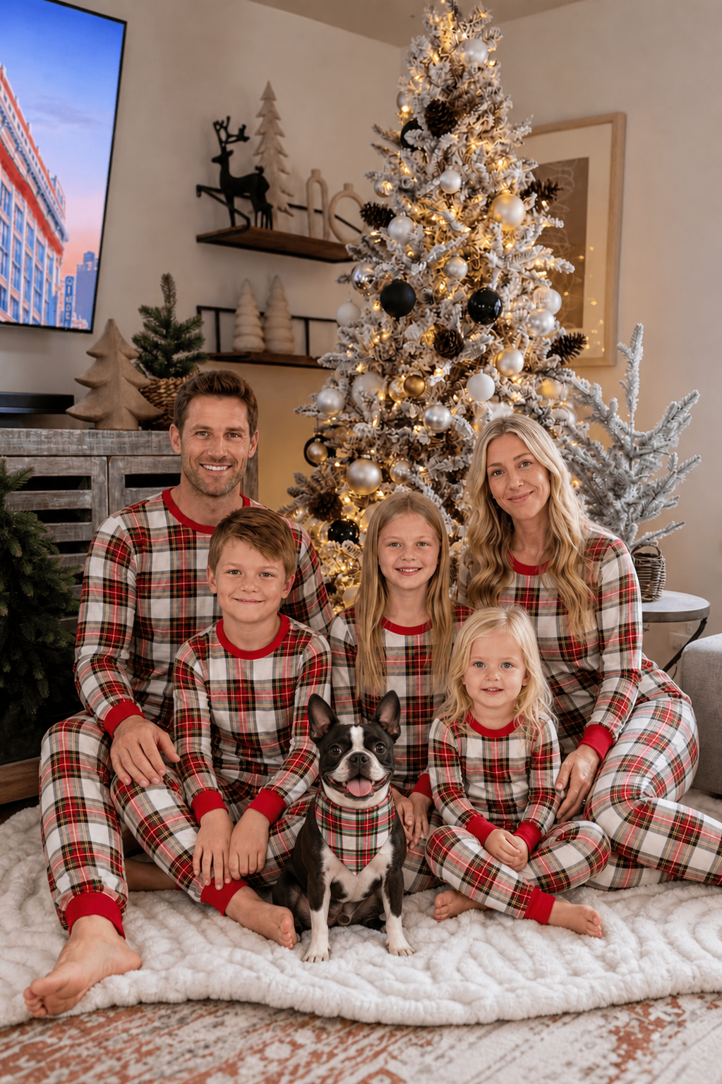 Family in matching Christmas pajamas with a Boston Terrier wearing the coordinating triangular dog bandana.