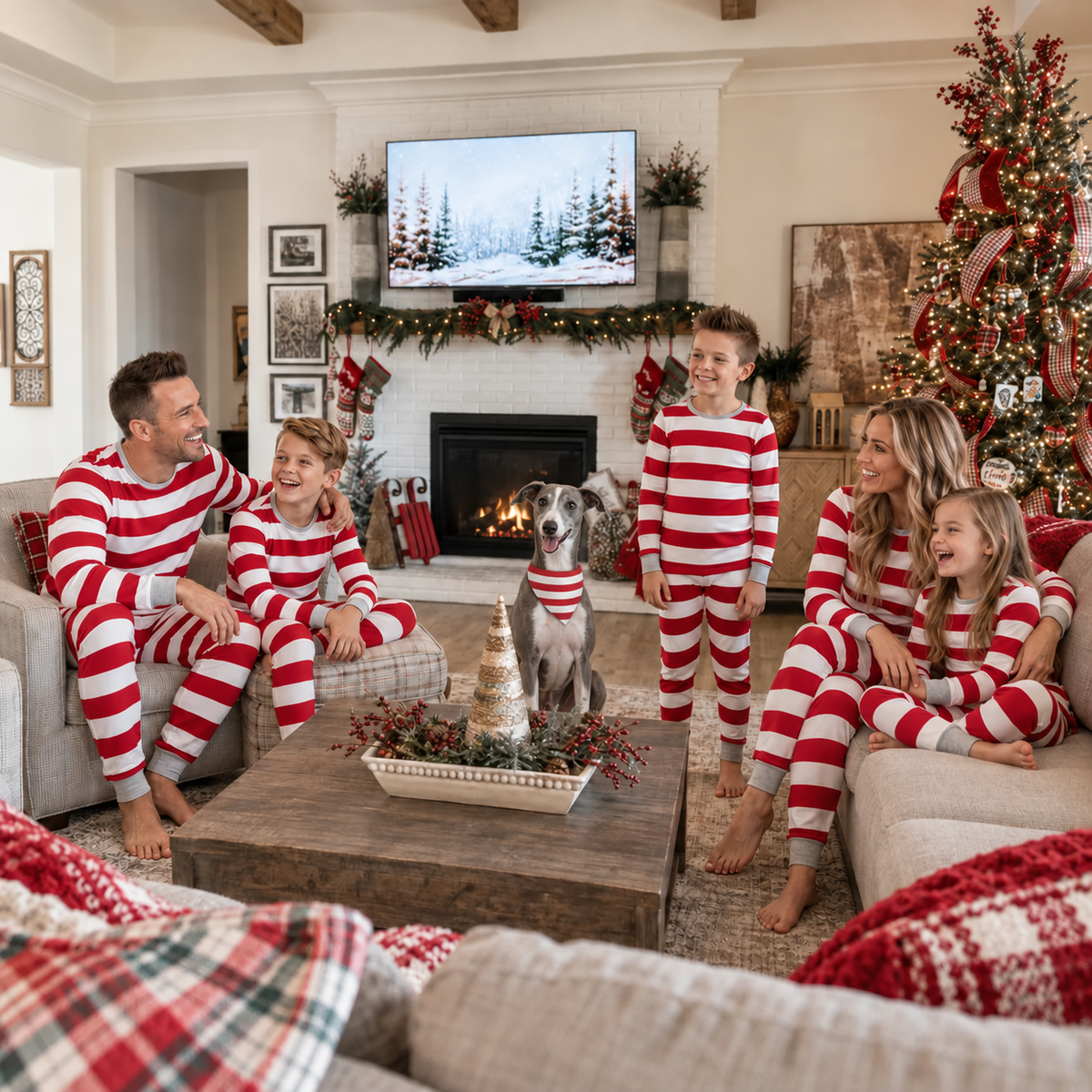 Family in matching Christmas pajamas with a Whippet wearing the coordinating triangular dog bandana.