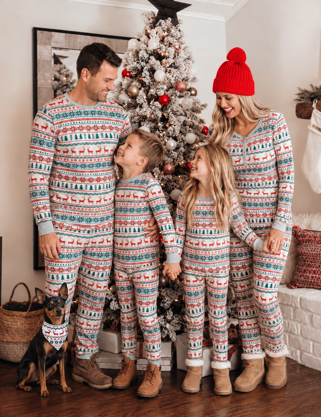 Family in matching Christmas pajamas with a Miniature Pinscher wearing the matching triangular dog bandana.
