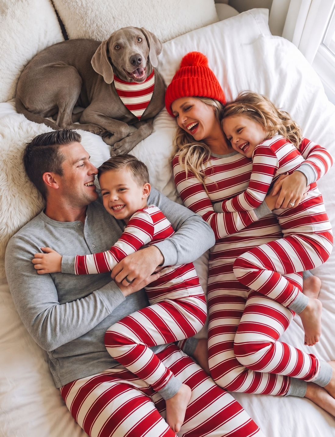 Family in matching Christmas pajamas with a Weimaraner wearing the matching triangular dog bandana.