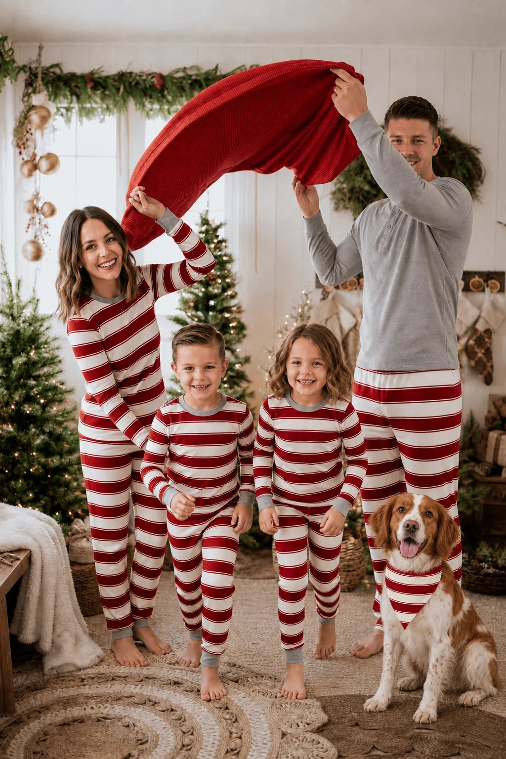 Family in red and white striped pajamas with a gray top on the man, lifting red fabric beside a dog in a bandana.