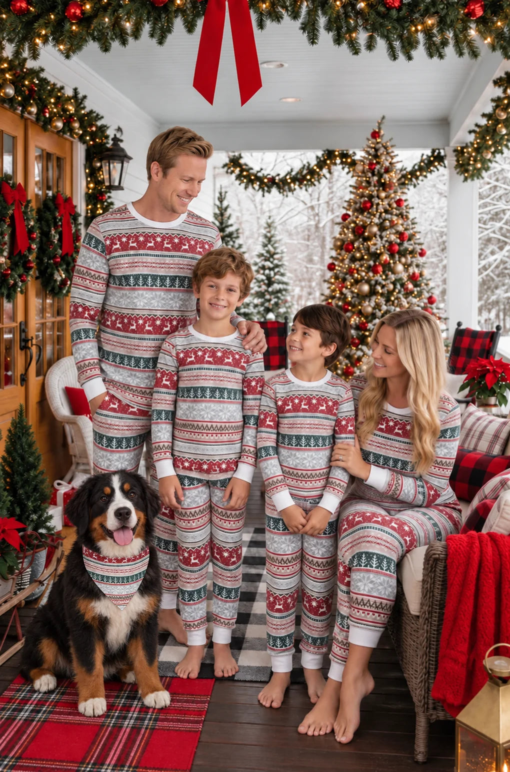 Family in red and white Fair Isle Christmas pajamas on a decorated porch, with a dog wearing a matching bandana.
