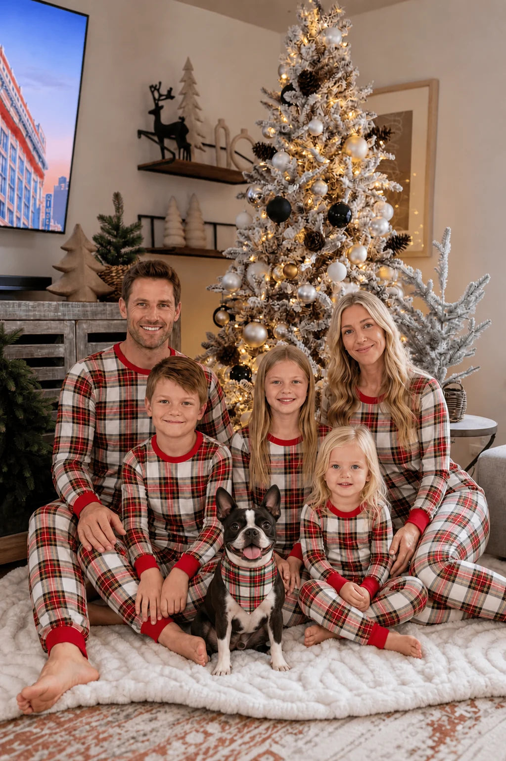 Family in red, black and cream plaid Christmas pajamas with red cuffs, with a dog wearing a plaid bandana.