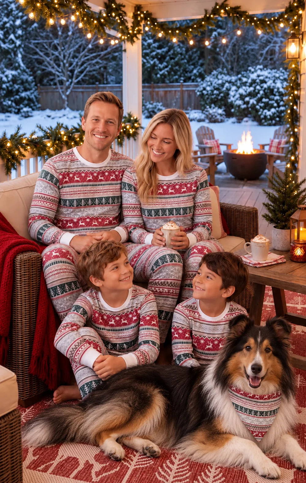 Family in red and white Nordic reindeer Christmas pajamas on a porch, with a dog wearing a matching bandana.