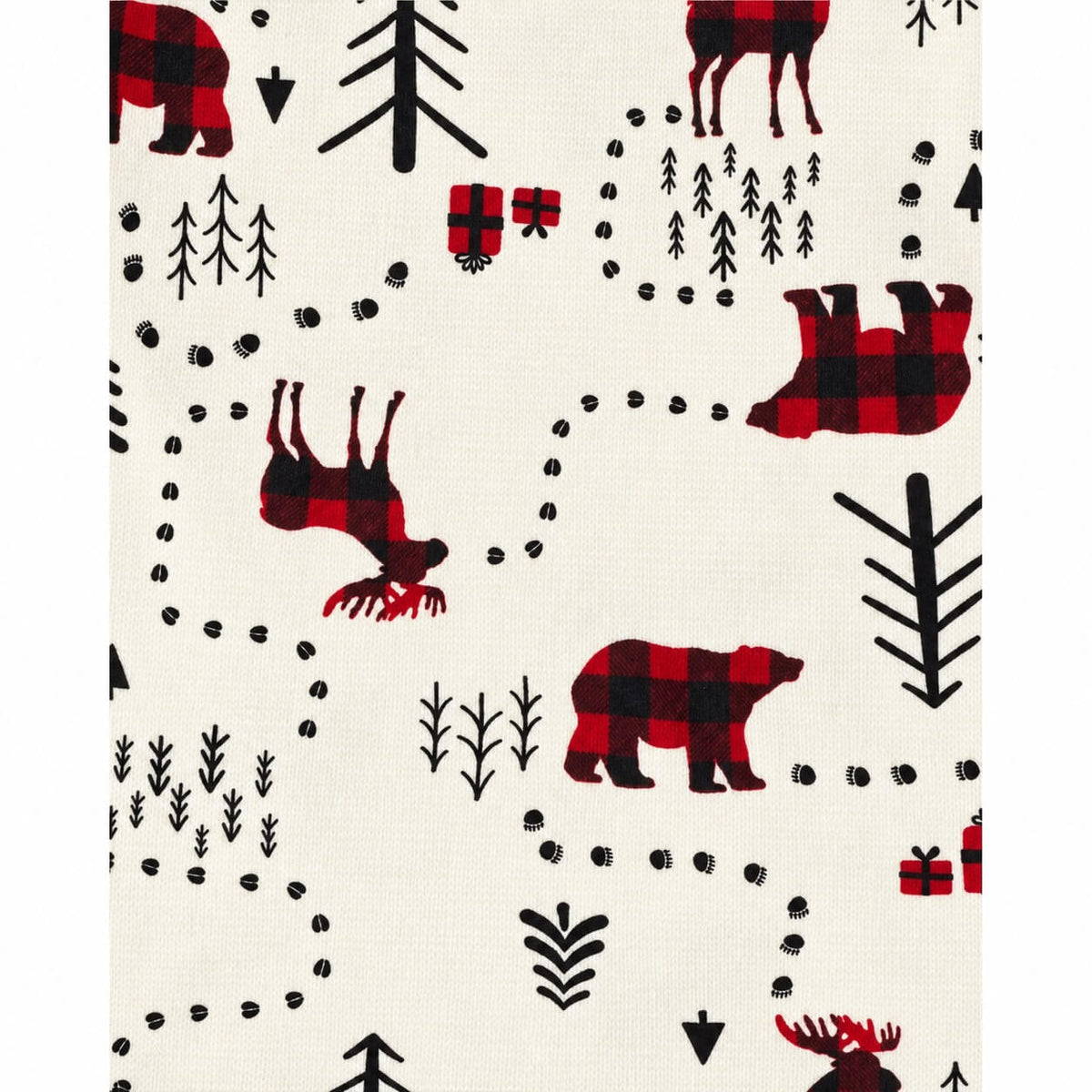 Close-up of white pajama fabric printed with red and black plaid bears, antlered deer, trees and gifts.