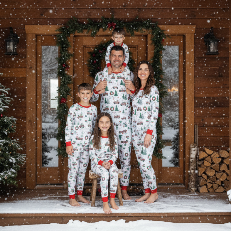 Family posing on a snowy cabin porch in white Christmas pajamas with tree and wreath prints and red cuffs.