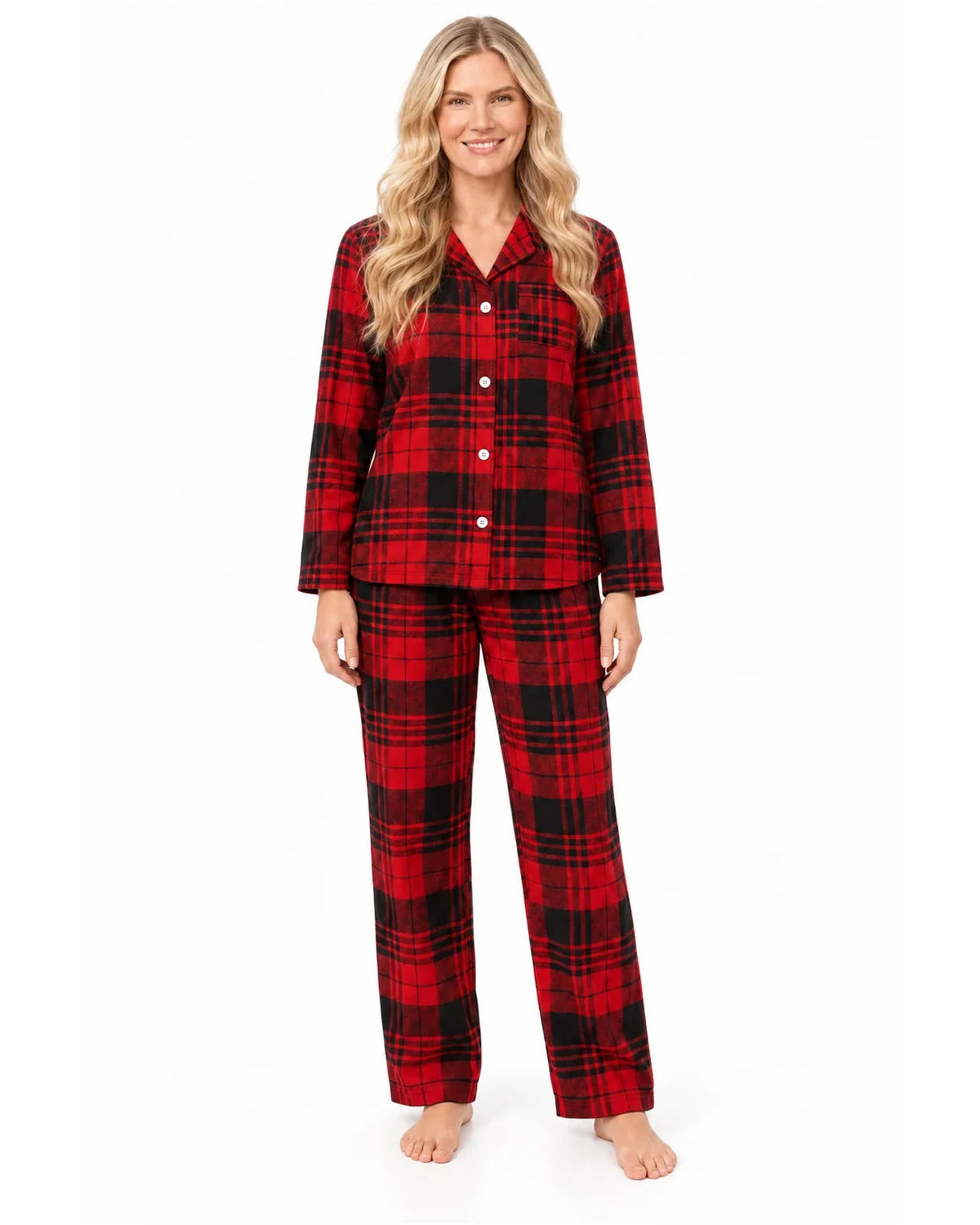 Front view of a woman wearing a red and black tartan button-front pajama shirt and matching long pants.