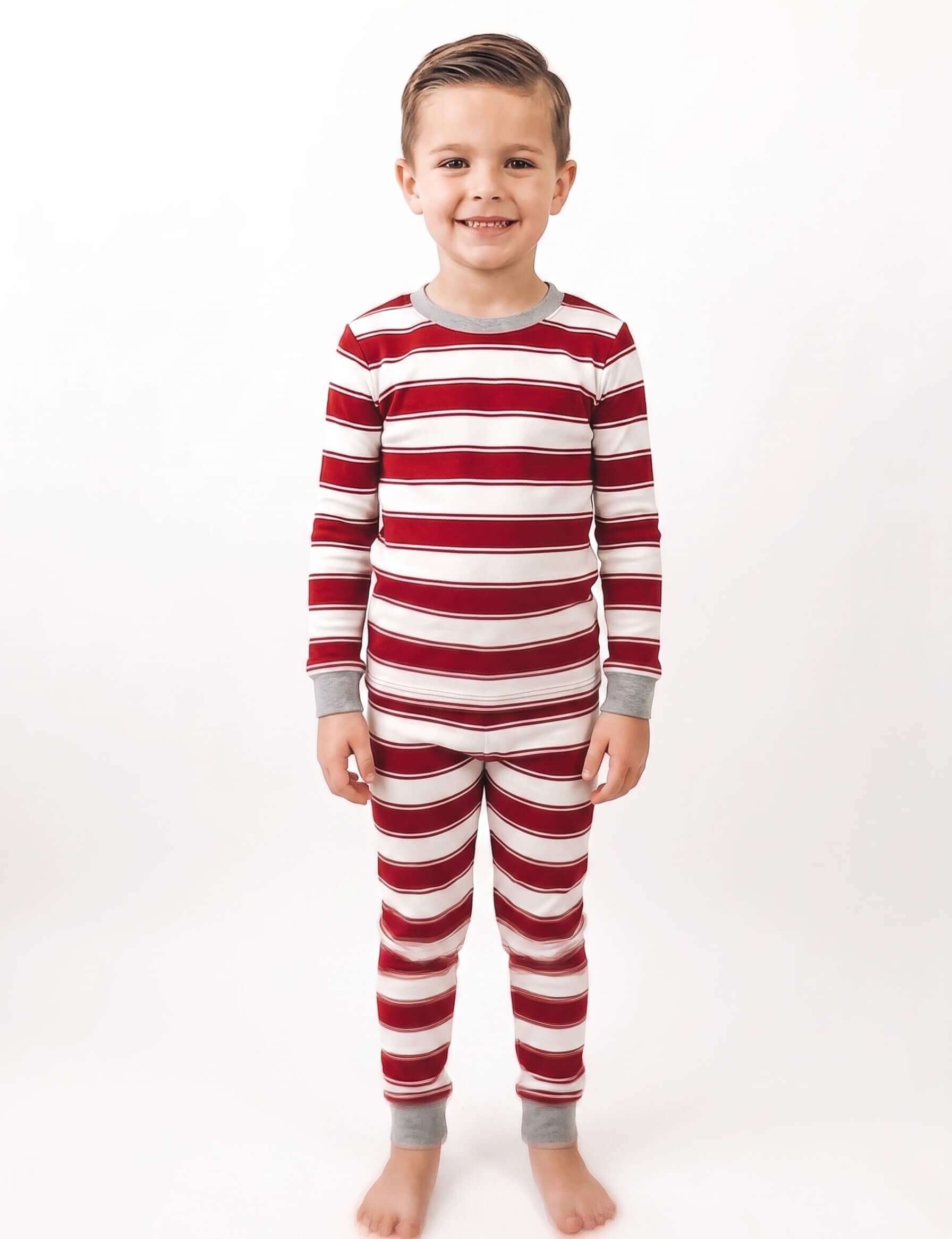 Boys' matching red and white striped Christmas sleepwear two-piece pajama set