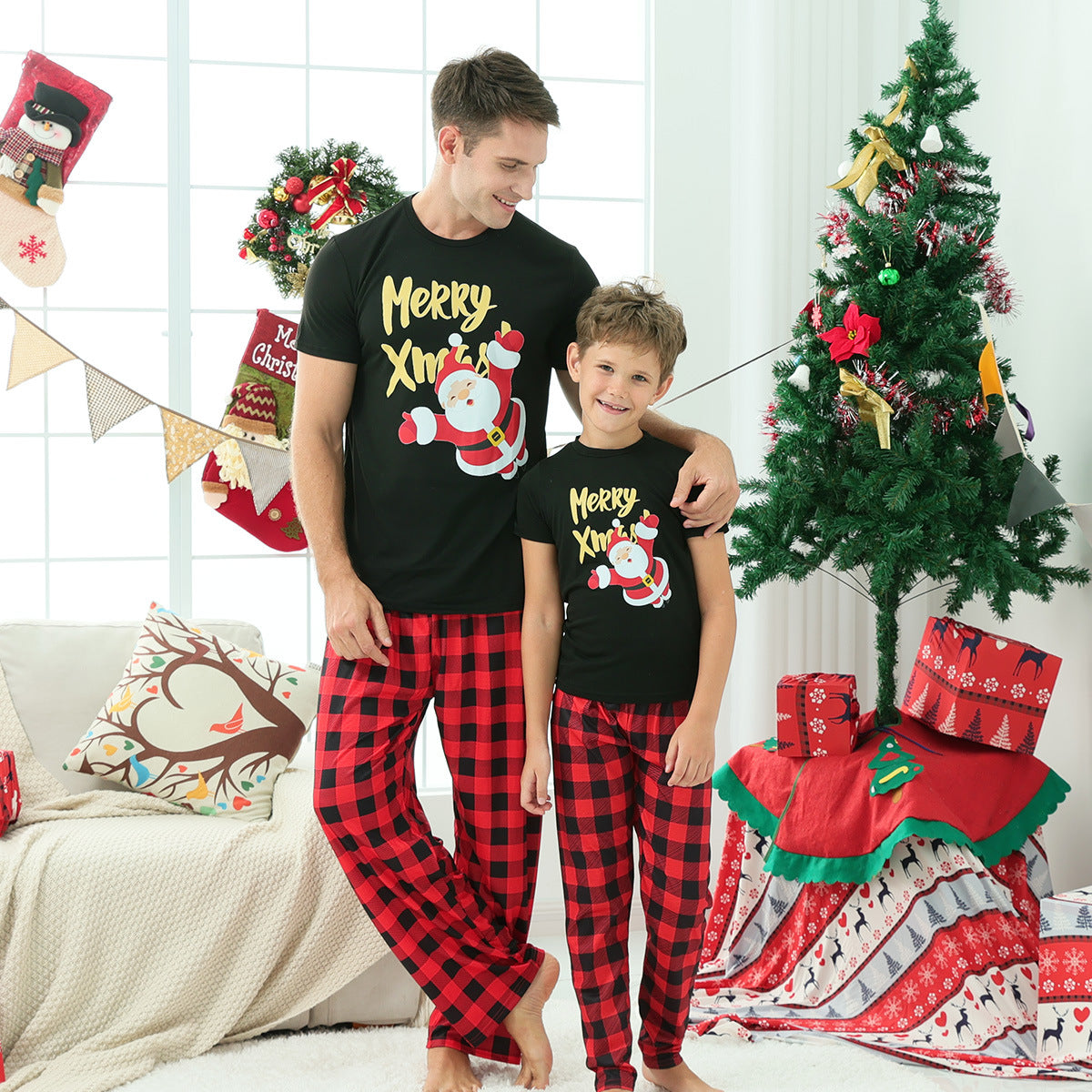 Red Plaid Matching Family Christmas Pajamas-Short Sleeves
