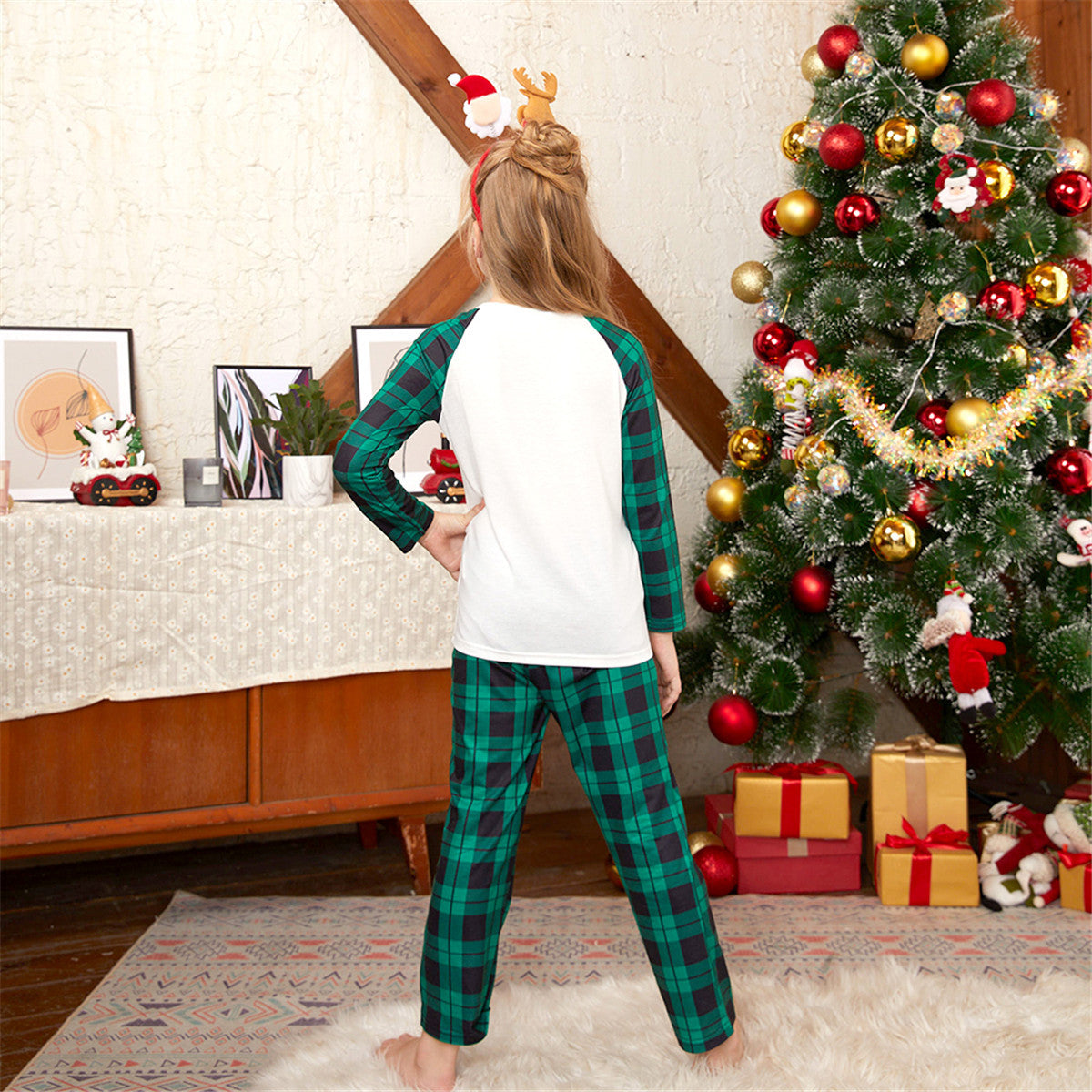 Green Plaid Christmas Reindeer Matching Family Christmas Pajamas-Dog Pajamas Included