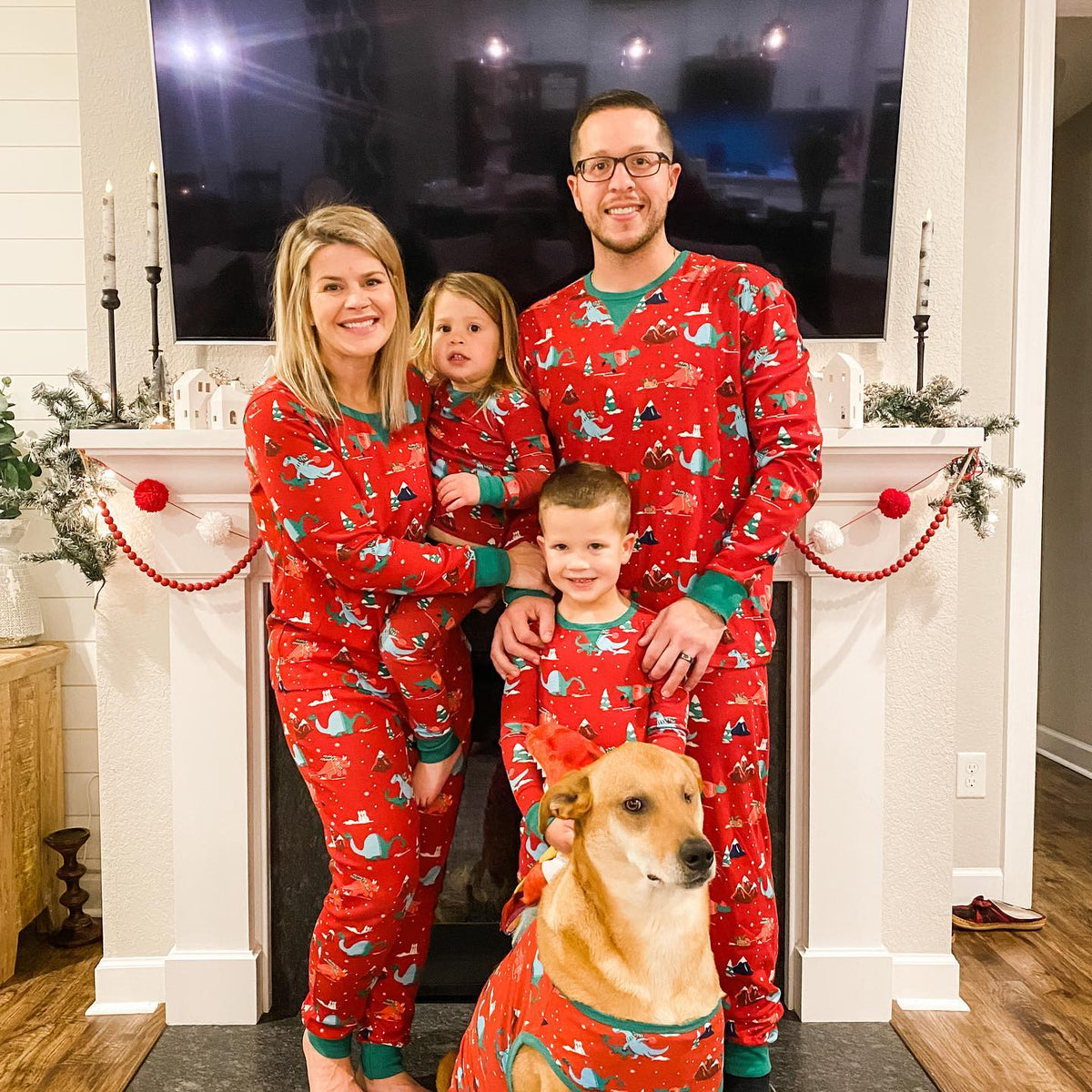 Family and dog posing by a decorated fireplace in red Christmas pajamas with colorful dinosaur prints and green trim.