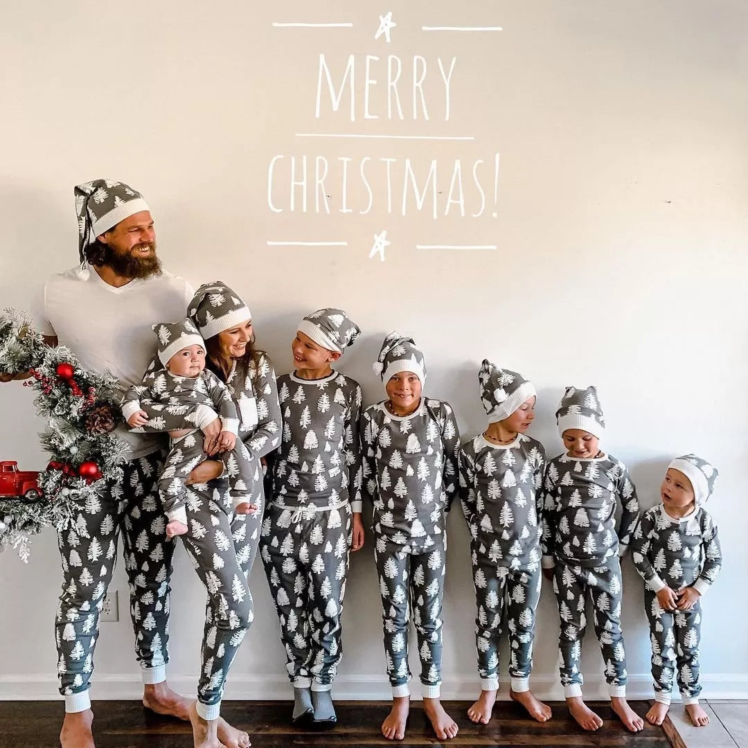 Gray White Christmas Tree Pajamas Size Chart – Adults Kids Baby and Dog Sizes Available