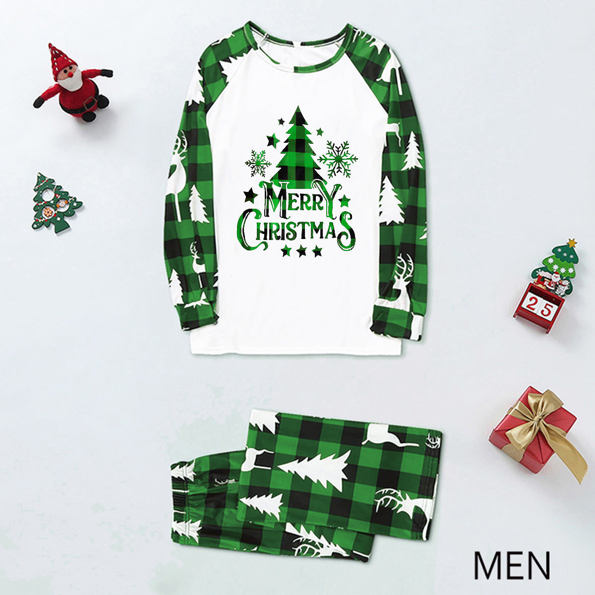 Green Plaid Christmas Tree Pajamas Men – Adults Matching Holiday Sleepwear