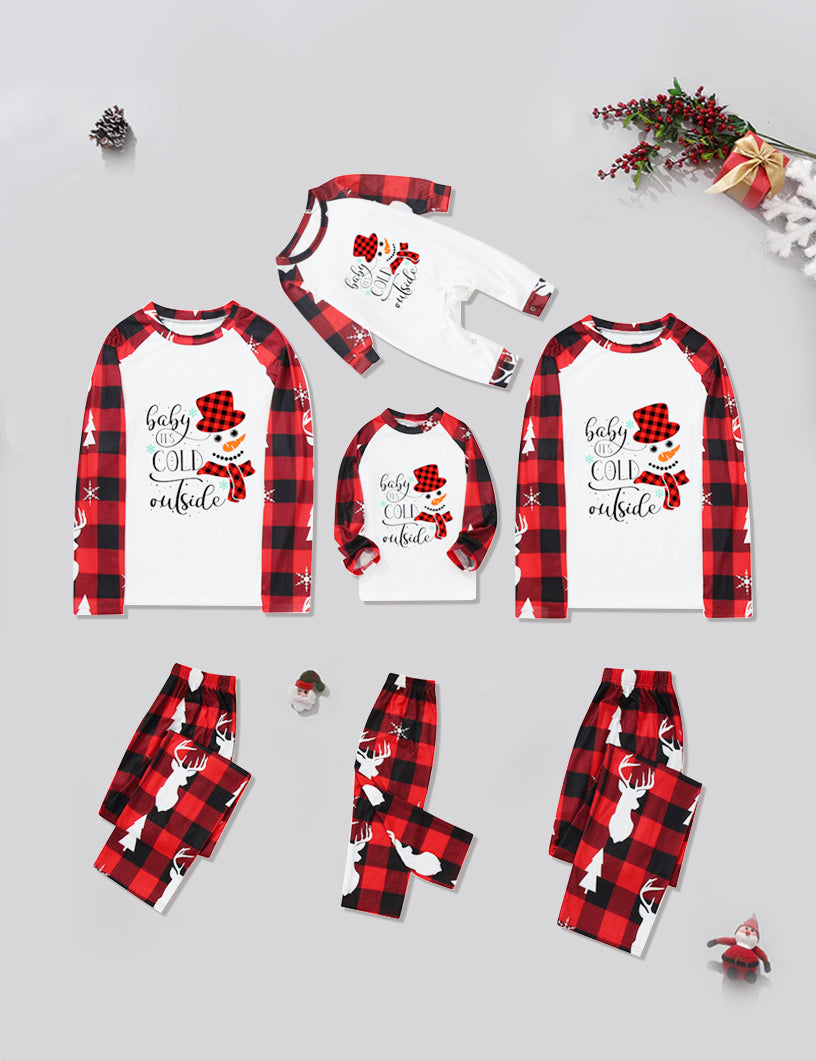 Red Plaid Snowman Pattern Matching Family Christmas Pajamas Sets