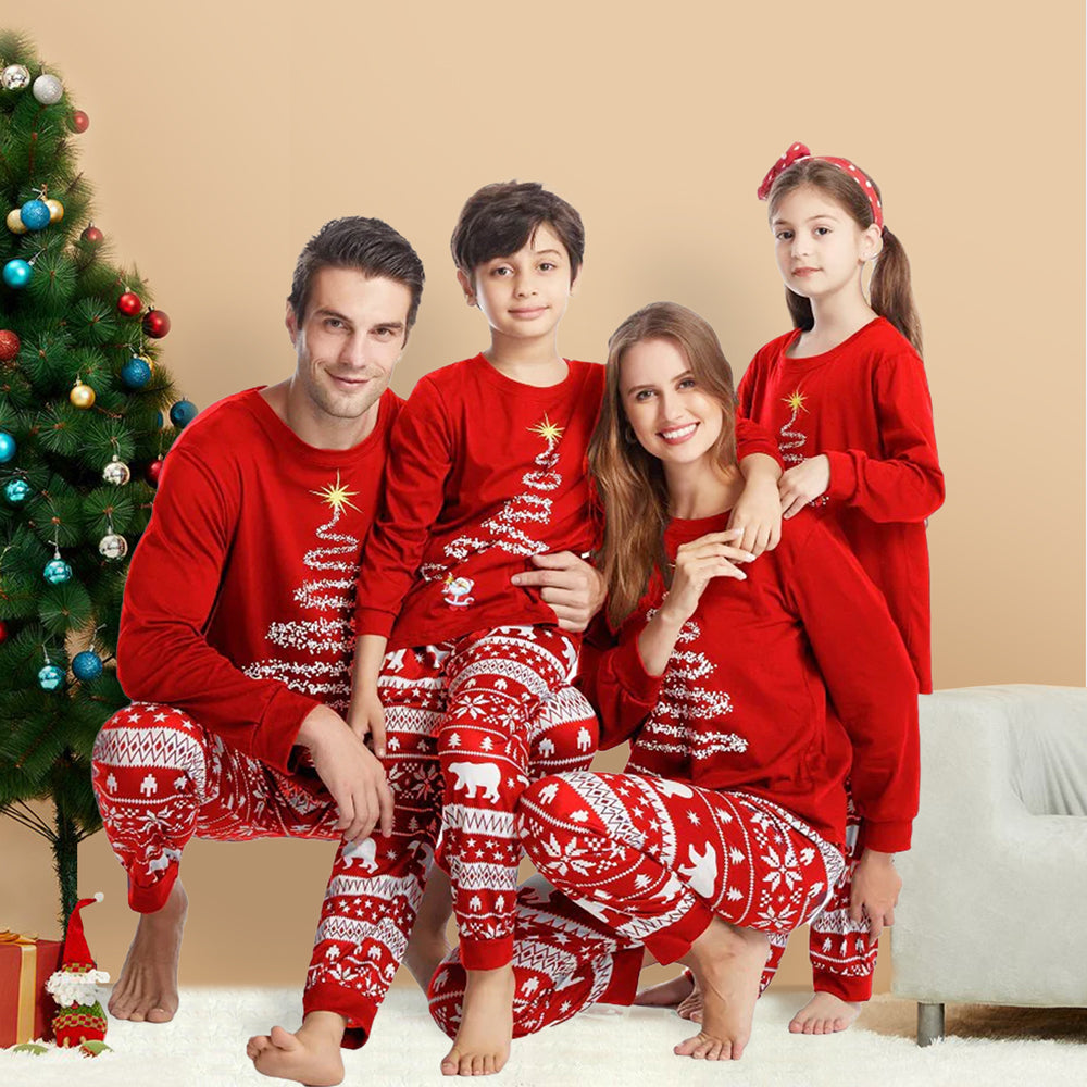 Red Christmas Tree Print Family Pajamas with Dog Set – Complete Matching Holiday Sleepwear