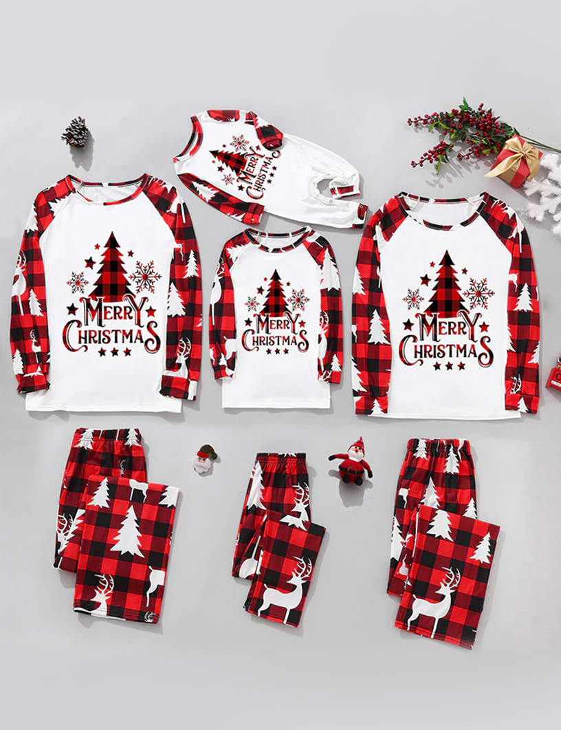 Red Plaid Christmas Tree Family Pajamas with Dog Set – Complete Matching Holiday Sleepwear