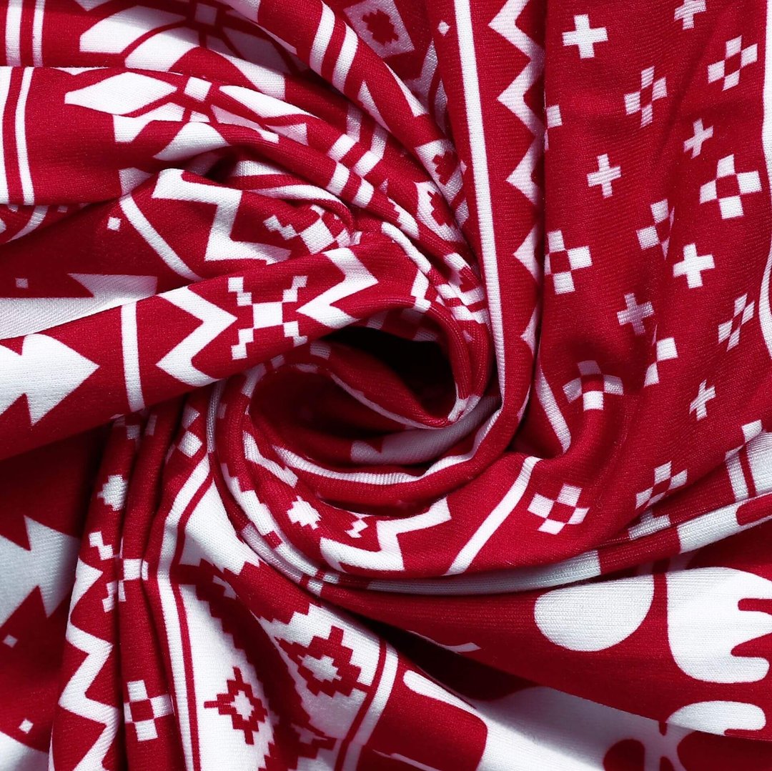 Red and White Snowflake Christmas Pajamas Lifestyle – Family with Dog Matching Holiday Sleepwear