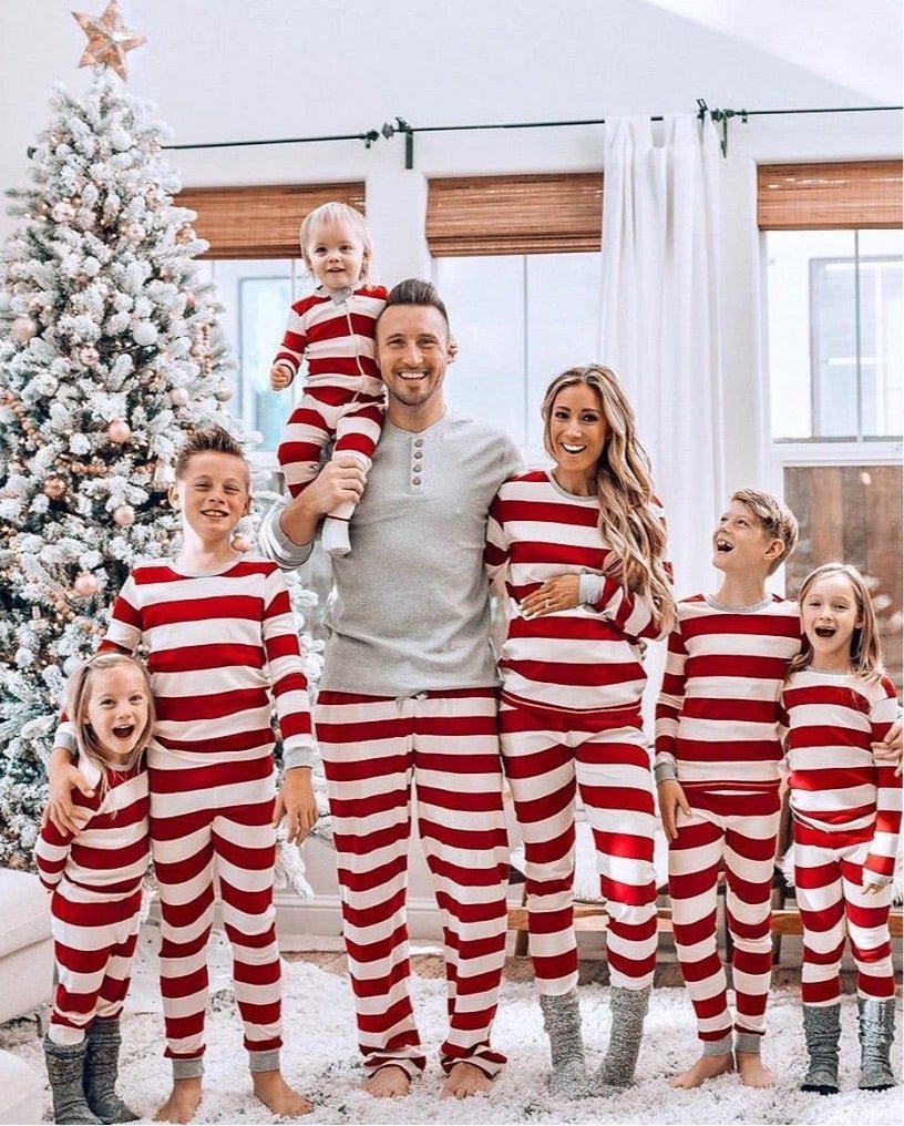 Red and White Striped Matching Family Christmas Pajamas with Dog Set – Holiday Sleepwear Main View