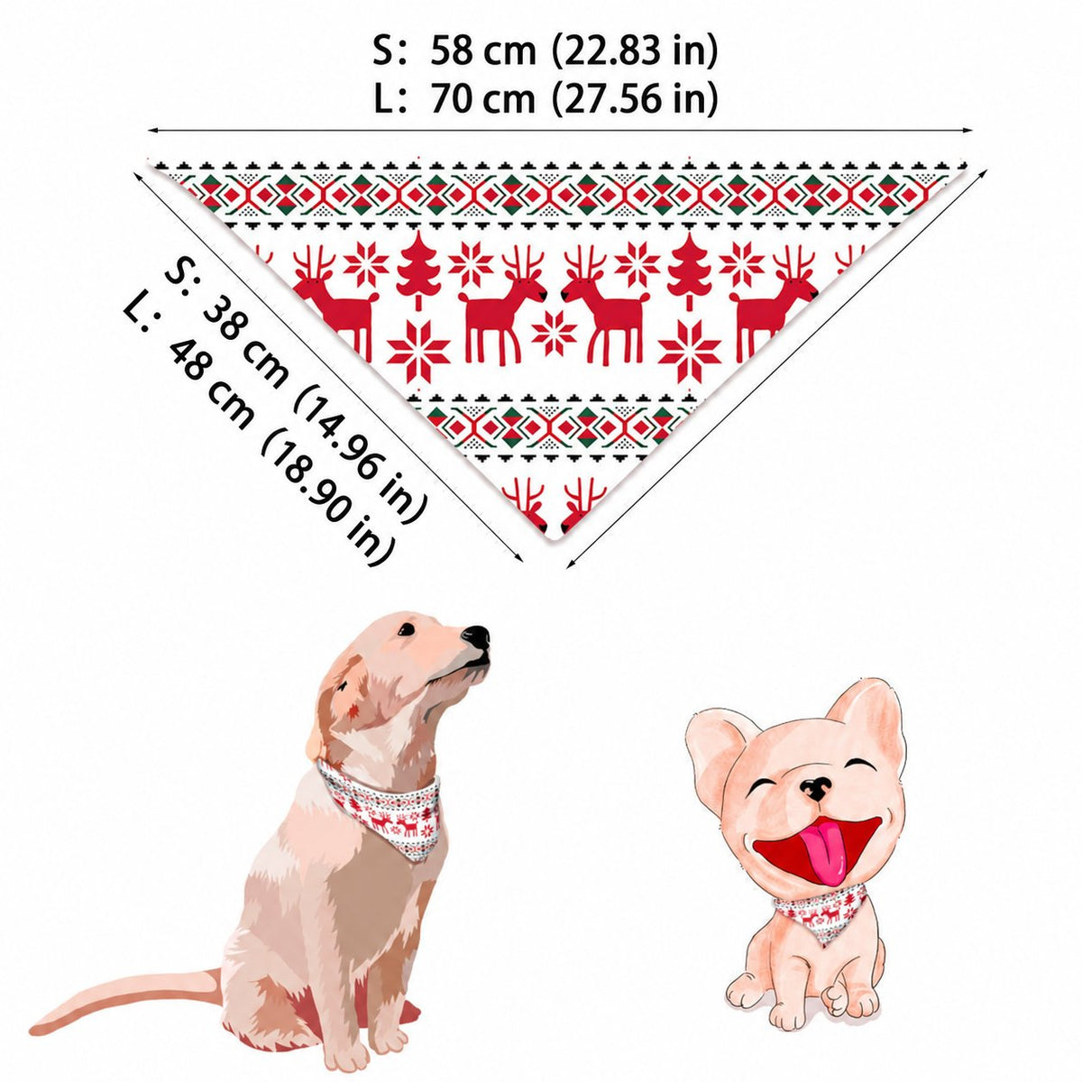 Schema delle misure di una bandana triangolare bianca per cane con renne rosse e fasce geometriche verdi, con misure S e L.